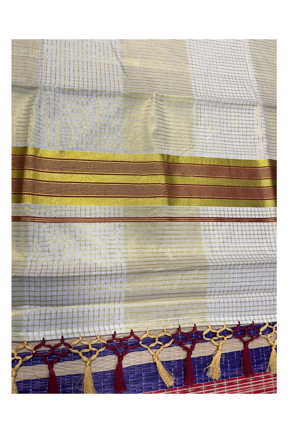 Pure Cotton Kerala Kasavu Check Saree with Maroon Border