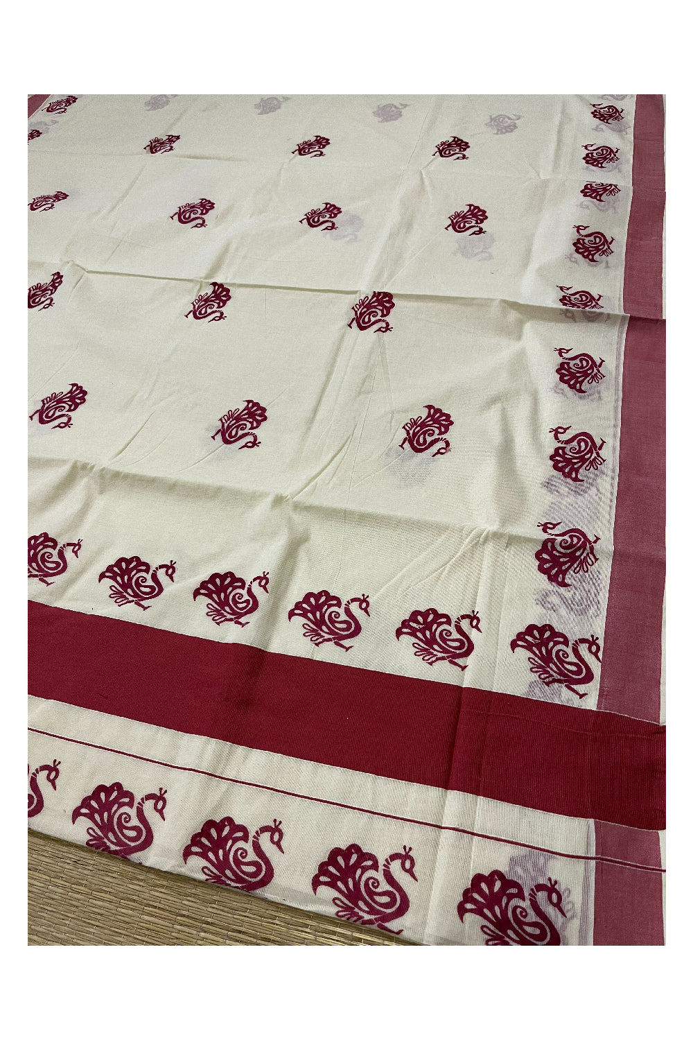 Pure Cotton Kerala Saree with Brick Red Peacock Block Printed Border (Onam Saree 2023)