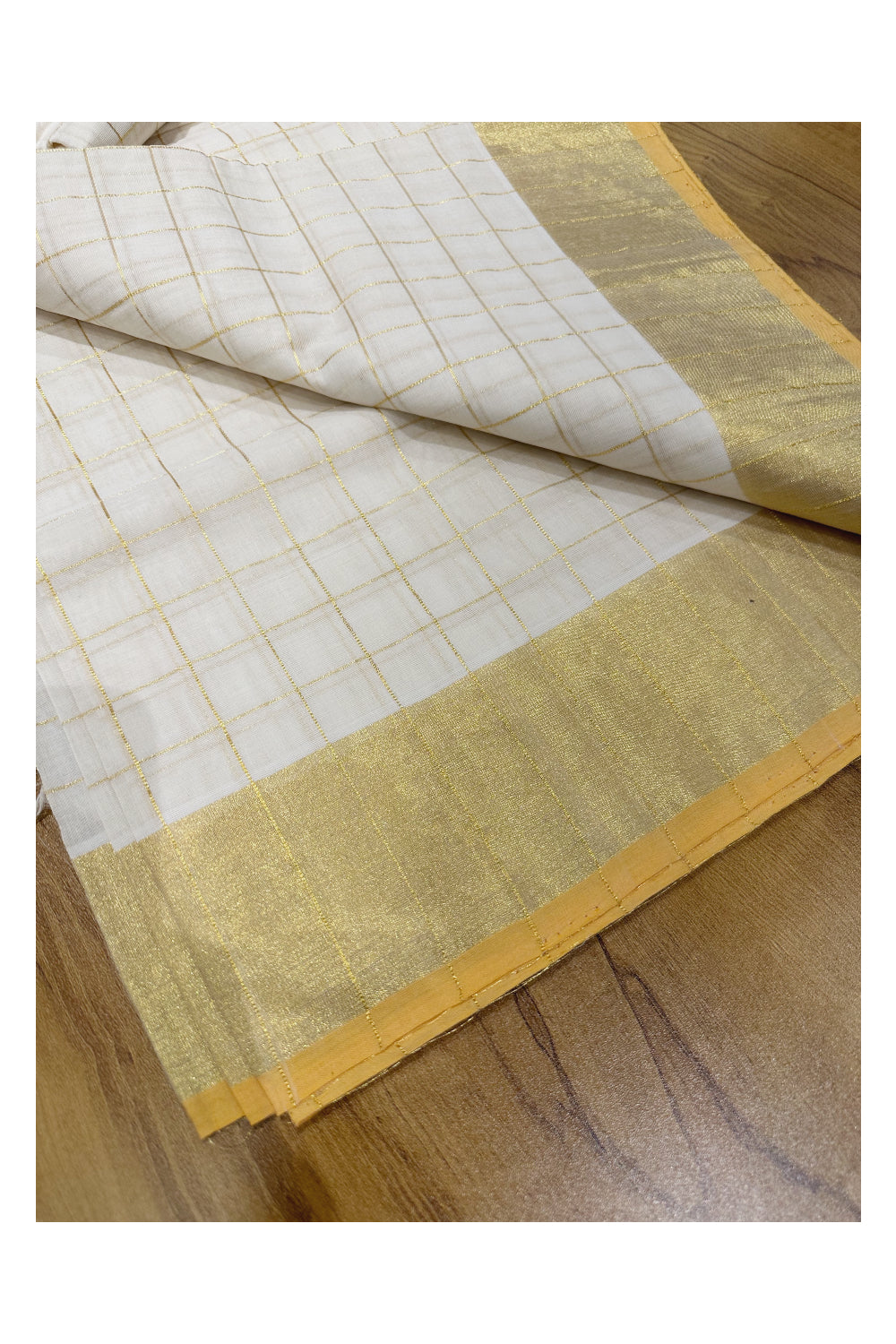 Southloom™ Handloom Kasavu Saree with Kasavu Checks Across Body (Onam Saree 2023)