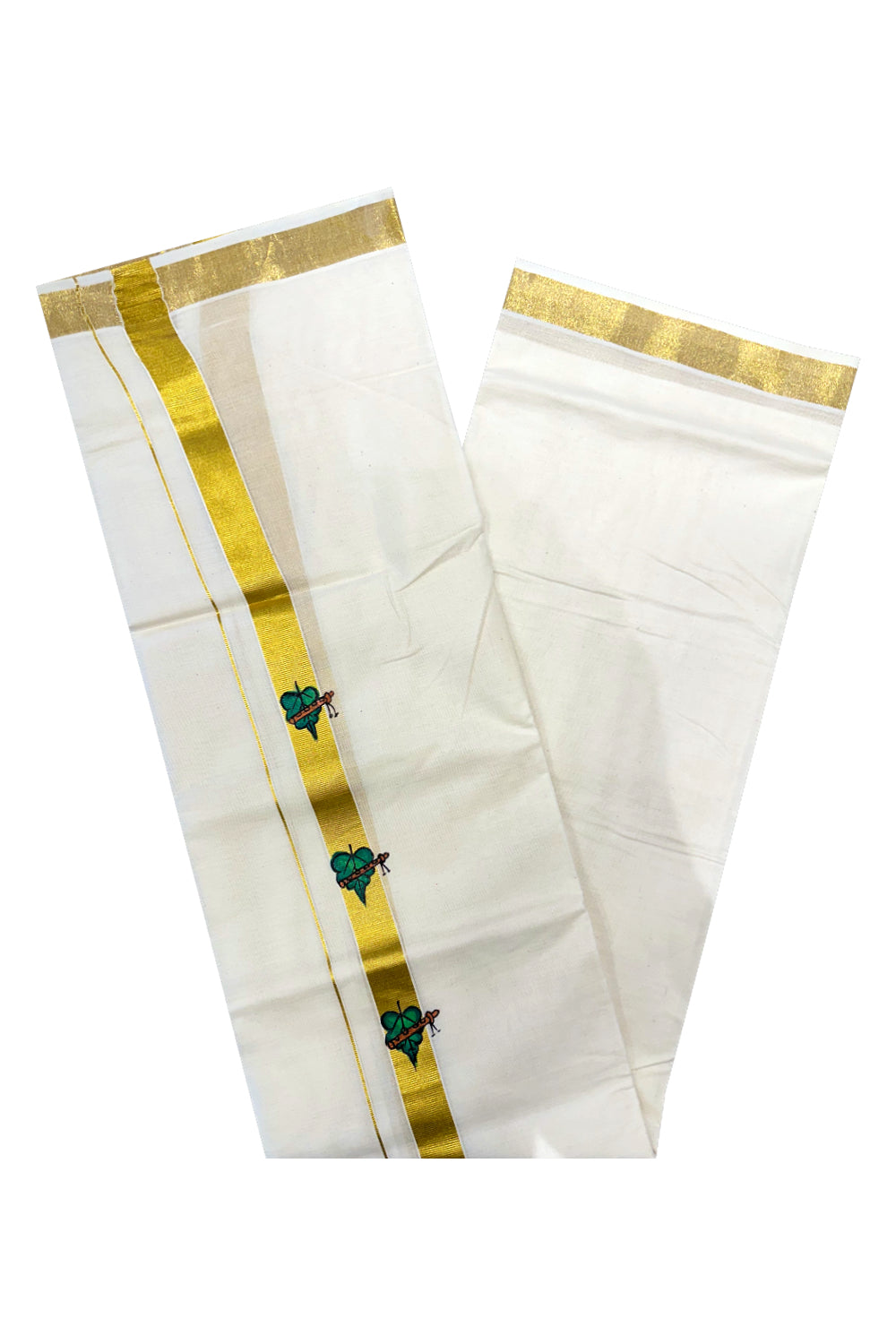 Off White Pure Cotton Double Mundu with Leaf Flute Mural Painted Design on Kasavu Kara (South Indian Dhoti)