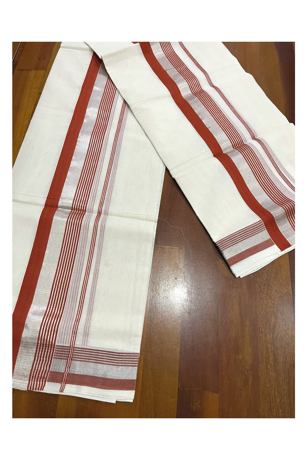 Pure Cotton Handloom Premium Kasavu Set Mundu (Mundum Neriyathum) with Orange and Silver Kasavu Border