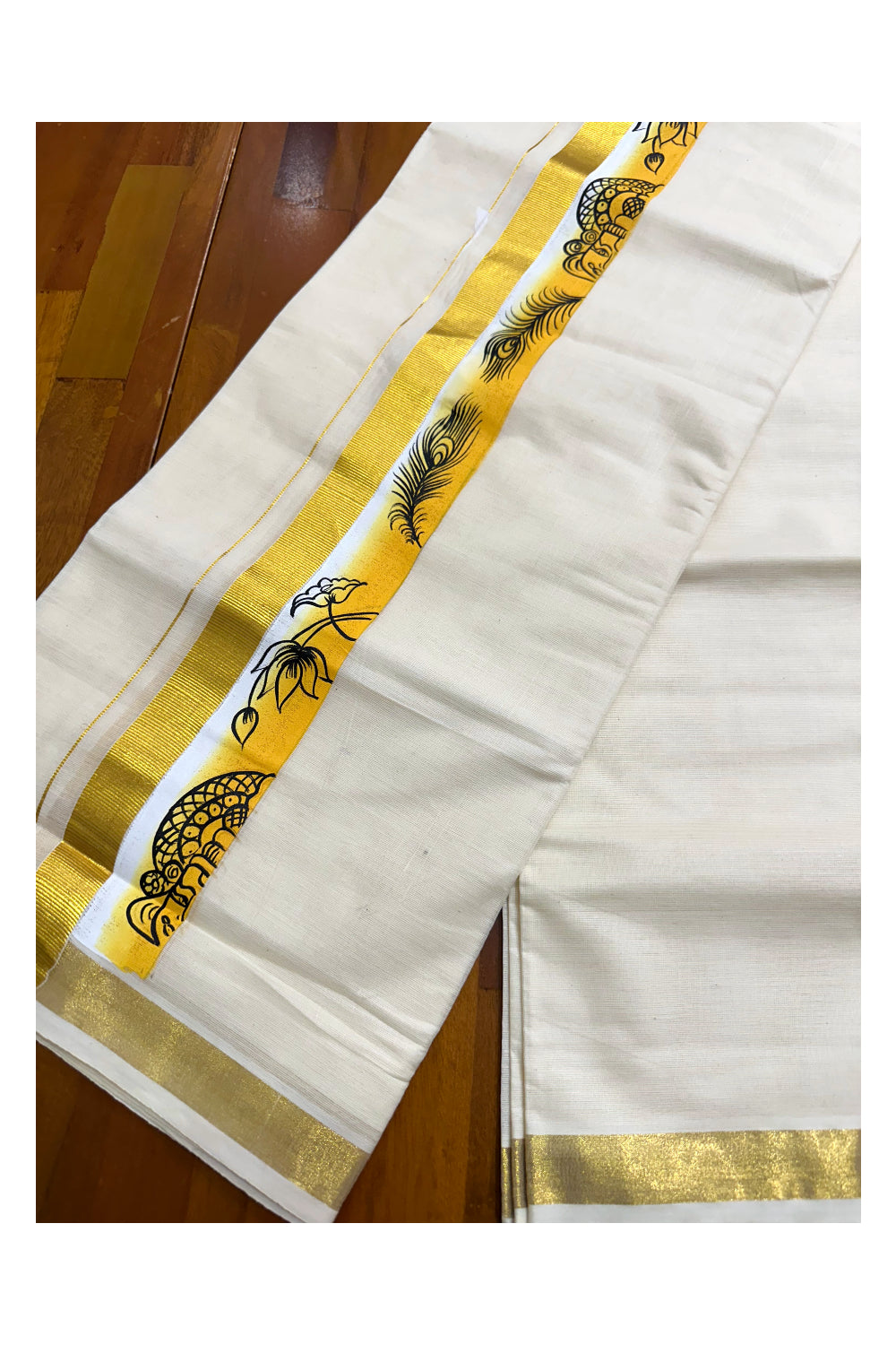 Kerala Pure Cotton Double Mundu with Hand Painted Designs on Kasavu Border(South Indian Kerala Dhoti)