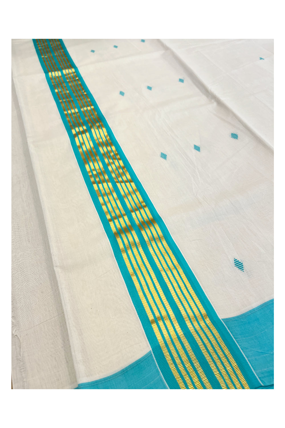 Southloom Premium Balaramapuram Unakkupaavu Handloom Cotton Butta Saree with Blue and Kasavu Border