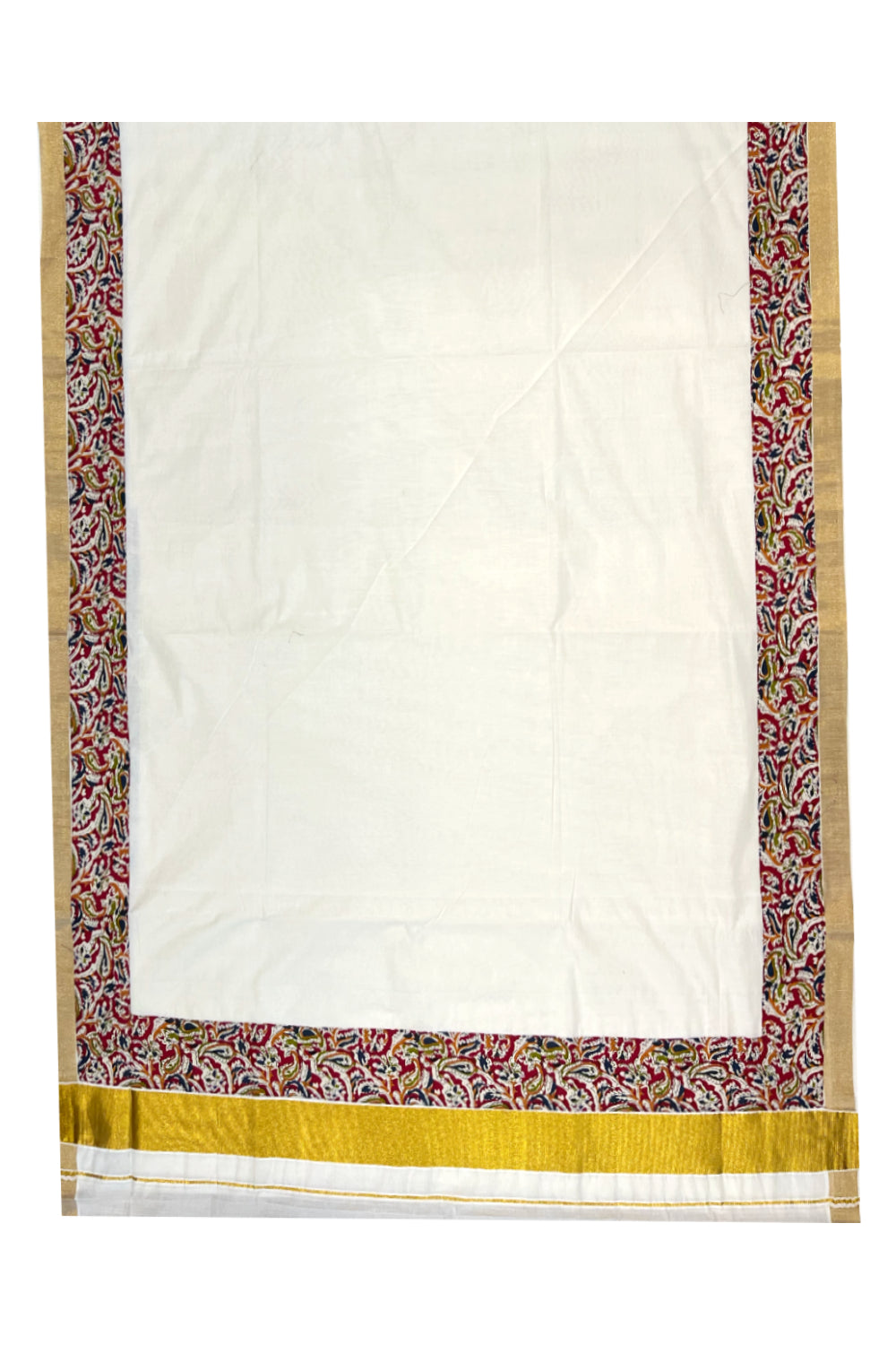 Kerala Pure Cotton Kasavu Saree with Ajrakh Stitched Borders and Matching Blouse Piece