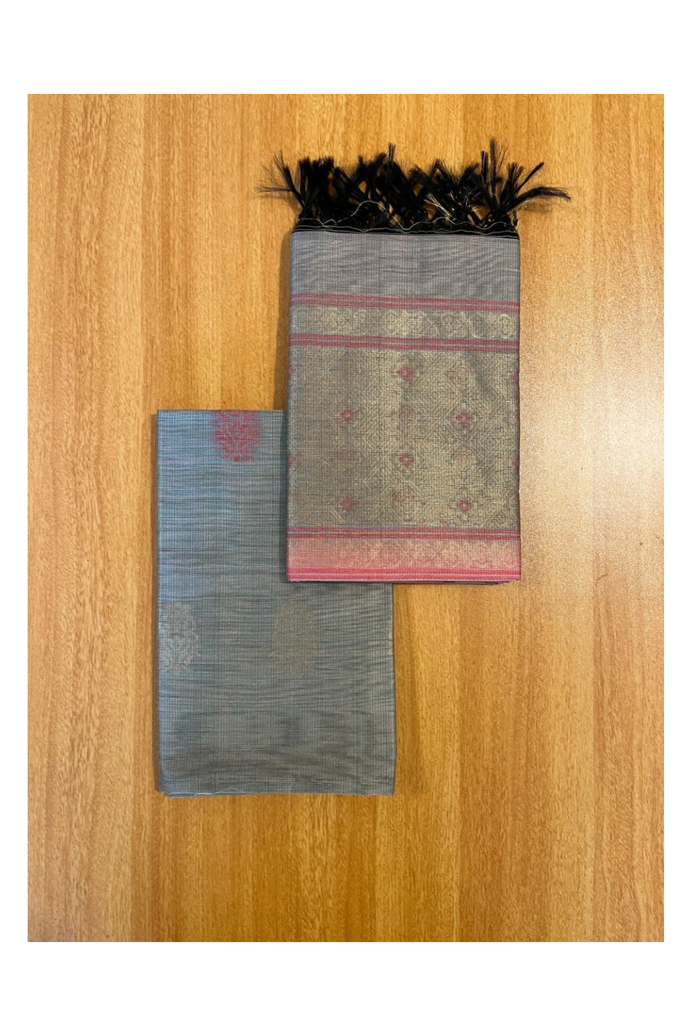 Southloom™ Original Handloom Cotton Pure Silk 3 Piece Grey and Pink Salwar Material with Woven Zari Butta Work