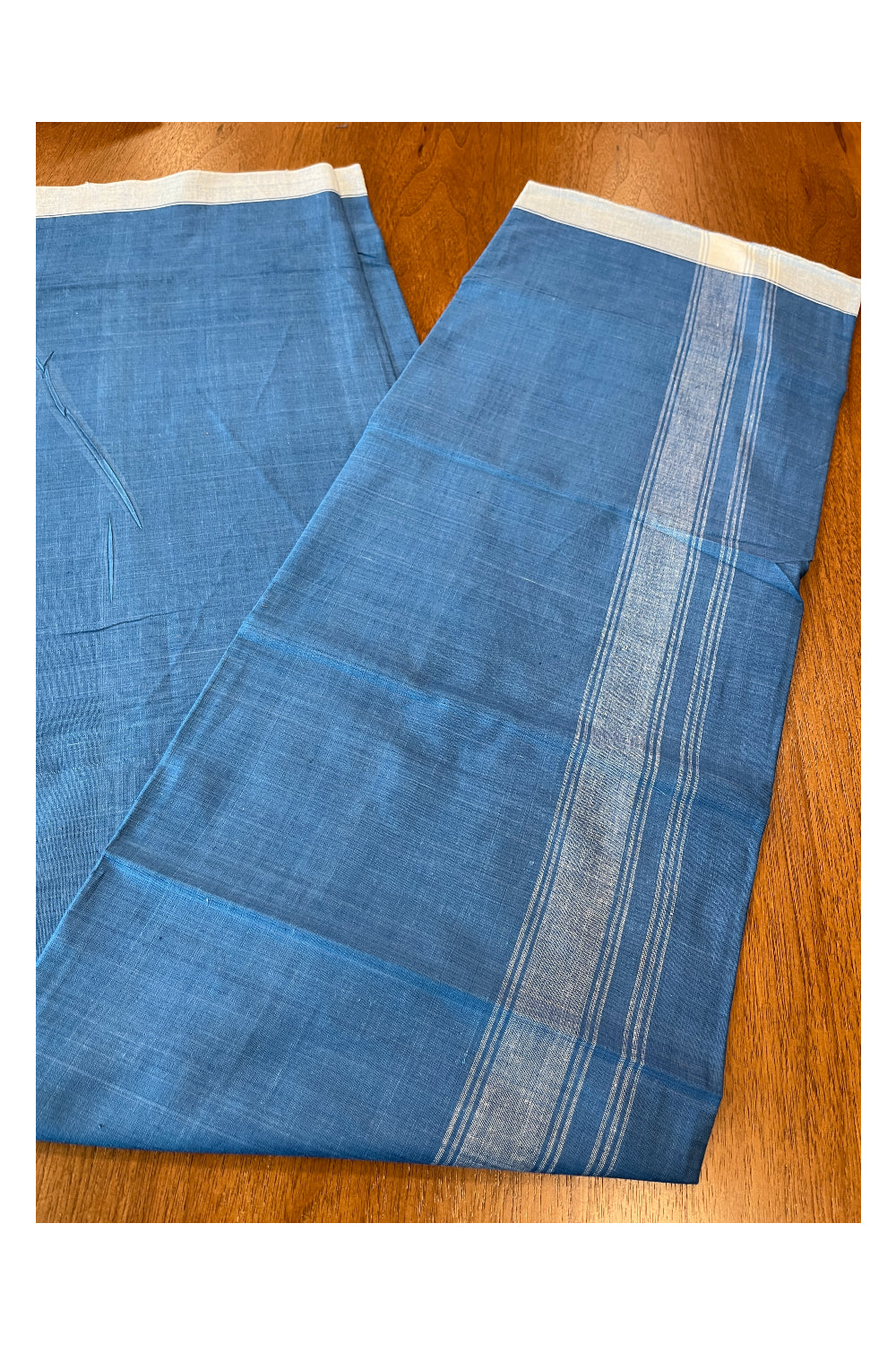 Southloom Premium Handloom Blue Solid Single Mundu (Lungi) with White Border