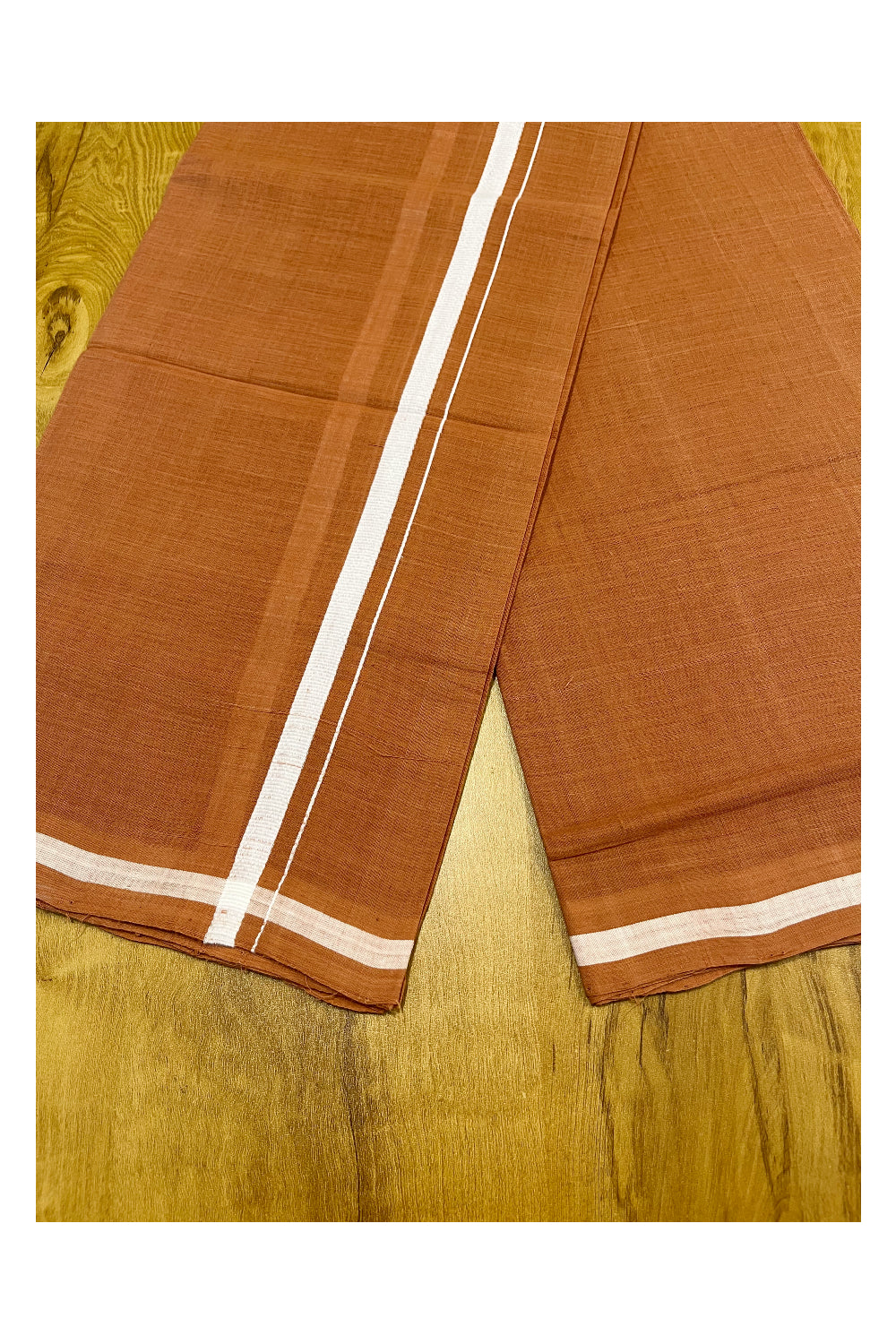 Southloom Premium Handloom Saffron (Kaavi) Solid Single Mundu (Lungi) with White Border (South Indian Kerala Dhoti)