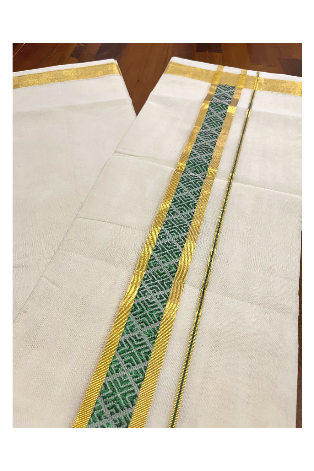 Southloom Premium Wedding Handloom Cotton Mundu with Green and Golden Kasavu Woven Border (South Indian Kerala Dhoti)