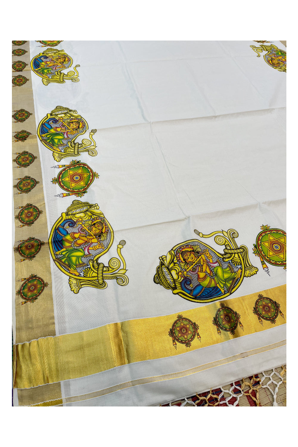 Pure Cotton Kerala Kasavu Saree with Krishna Mural Printed Art Design and Printed Border