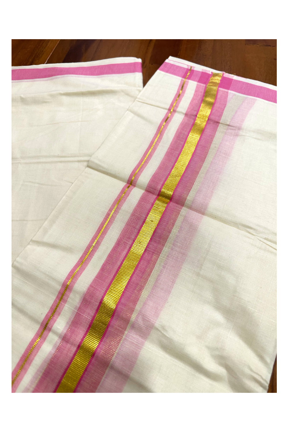 Kerala Cotton Double Mundu with Pink and Kasavu Border