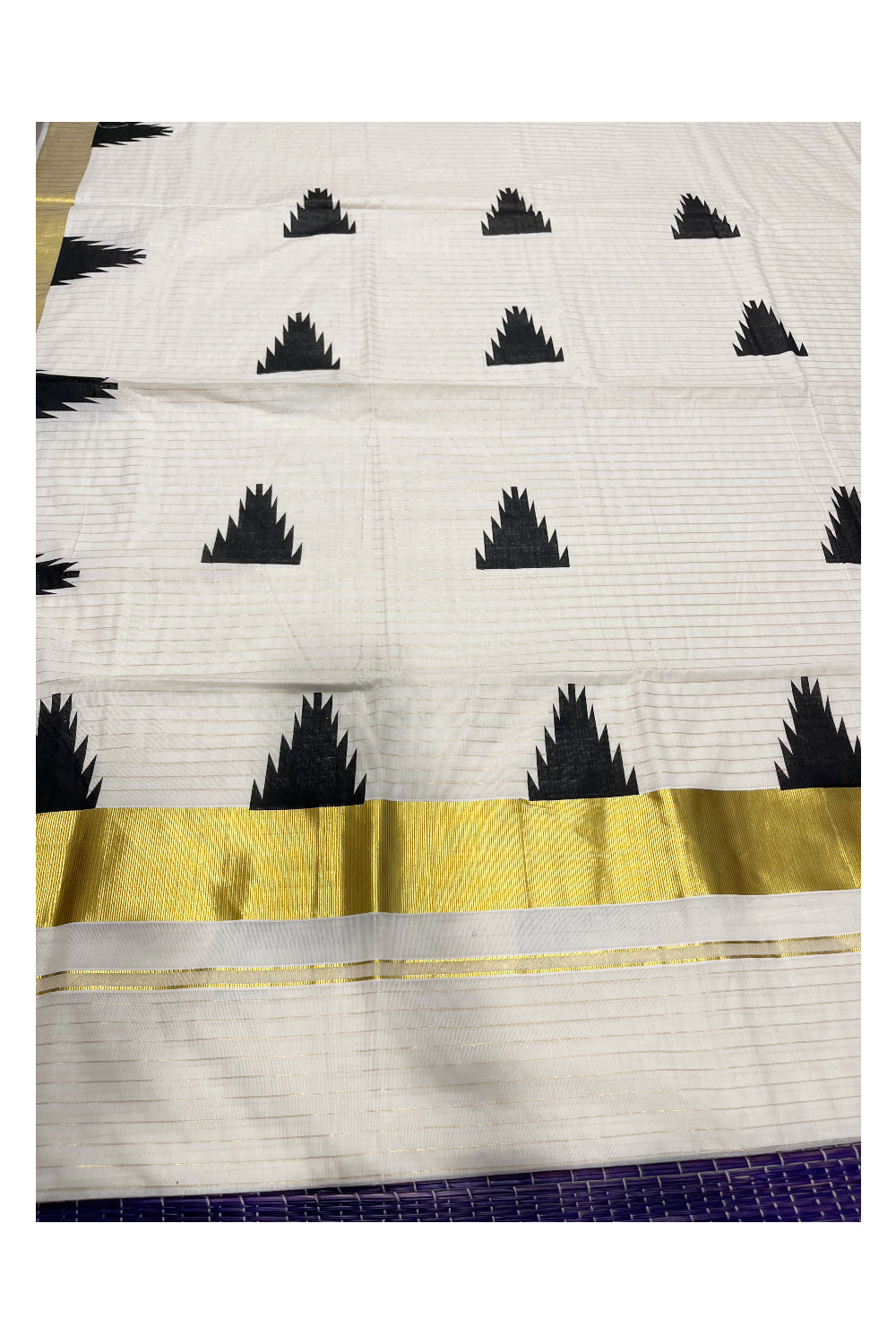 Kerala Cotton Kasavu Lines Saree With Black Temple Prints on Border