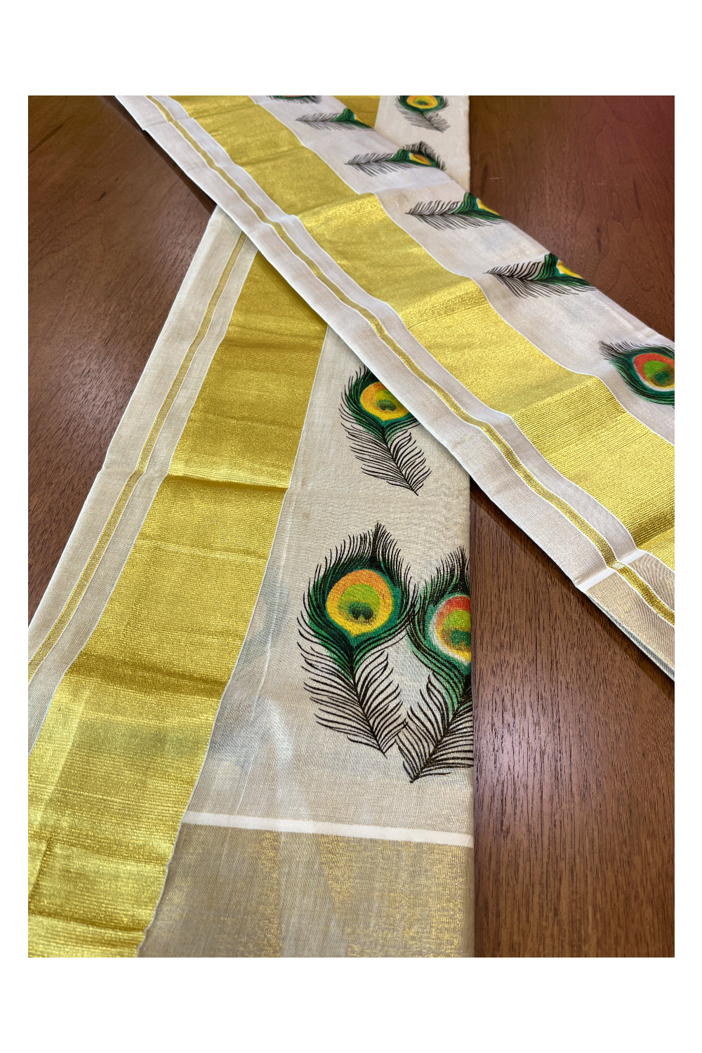 Kerala Tissue Kasavu Set Mundu (Mundum Neriyathum) with Feather Mural Printed Design