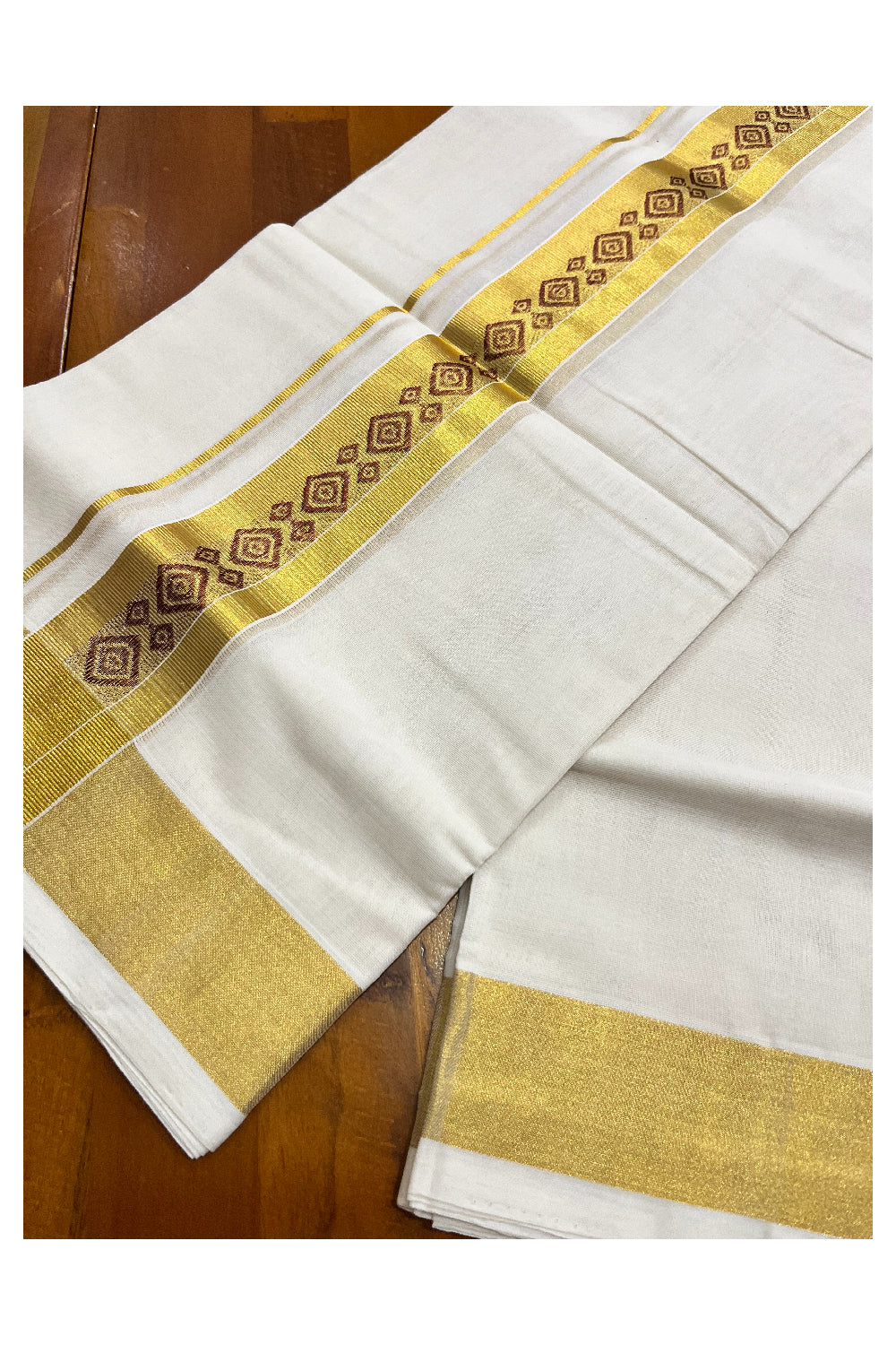 Southloom Premium Handloom Pure Cotton Mundu with Golden and Brown Kasavu Woven Border (Vishu 2024 Collection)