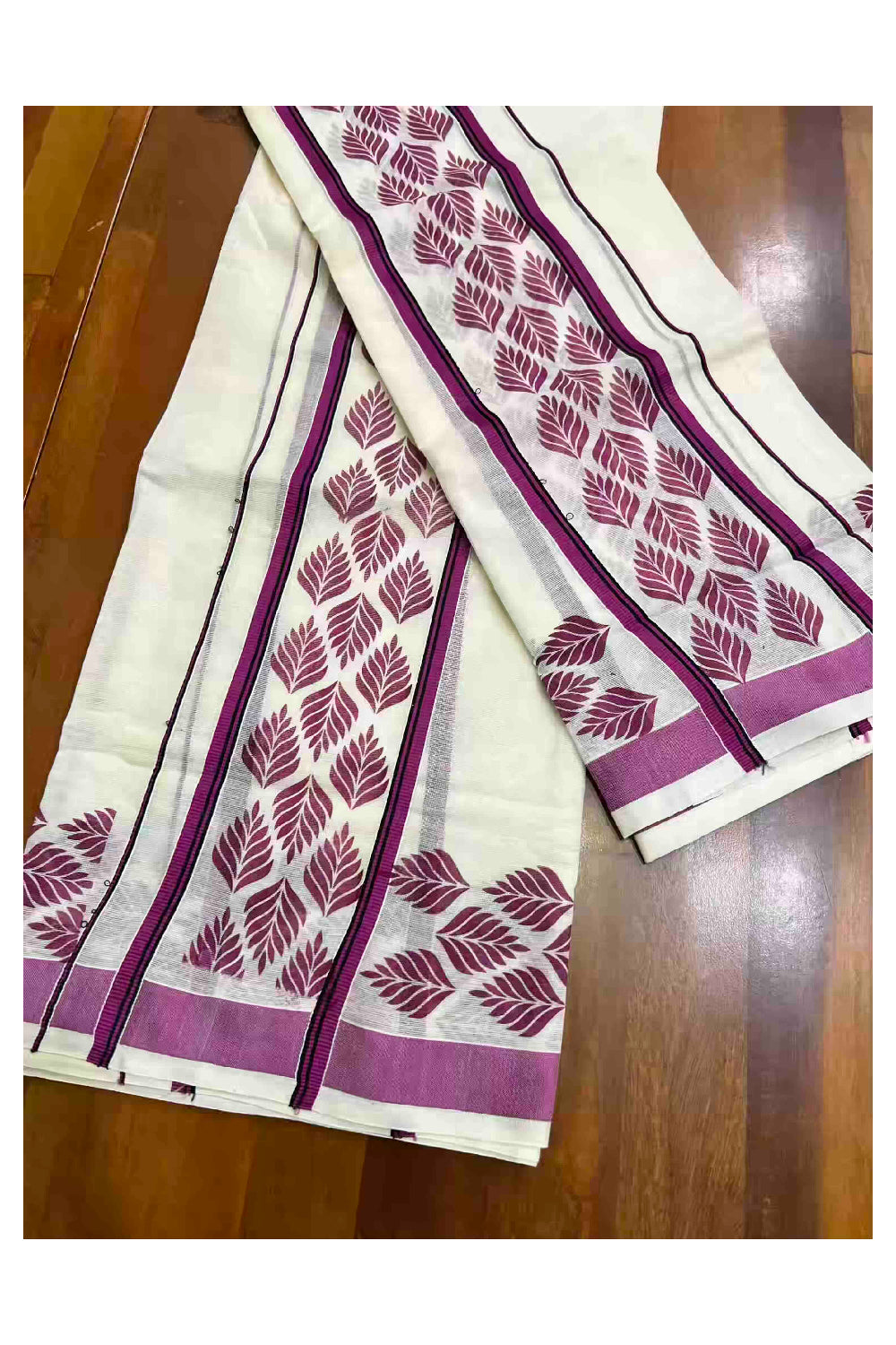 Kerala Cotton Single Set Mundu (Mundum Neriyathum) with Leaf Block Prints on Magenta and Black Border