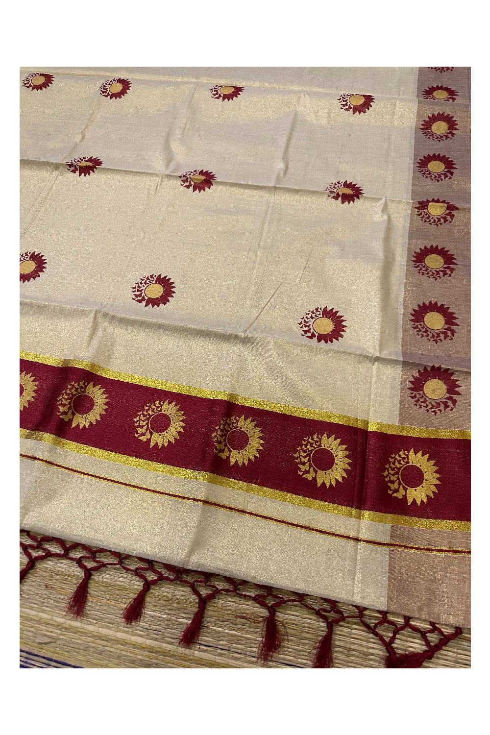 Kerala Tissue Kasavu Saree with Maroon and Golden Block Prints on Border (Onam Saree 2023)