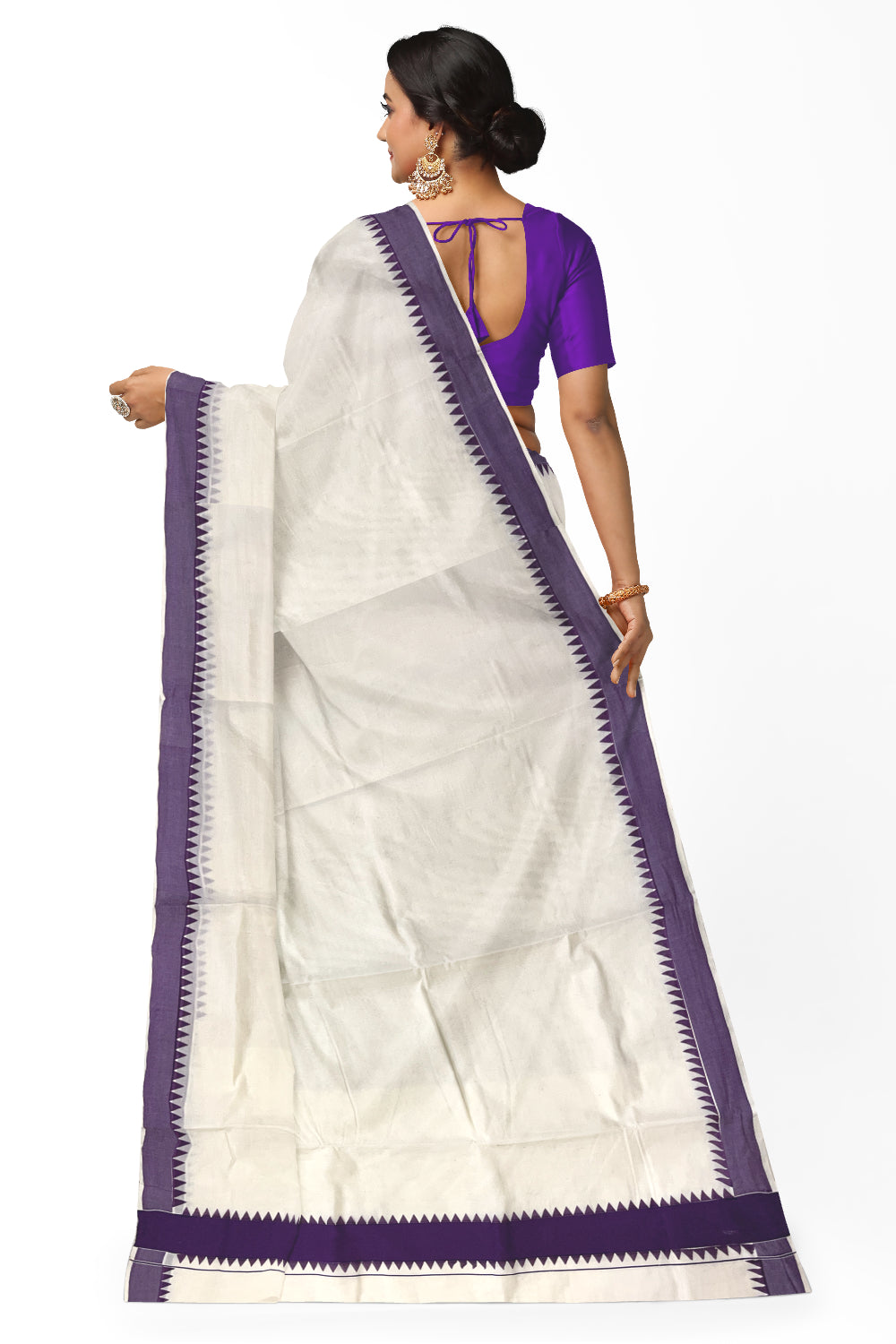 Kerala Pure Cotton Saree with Violet Temple Block Prints on Border