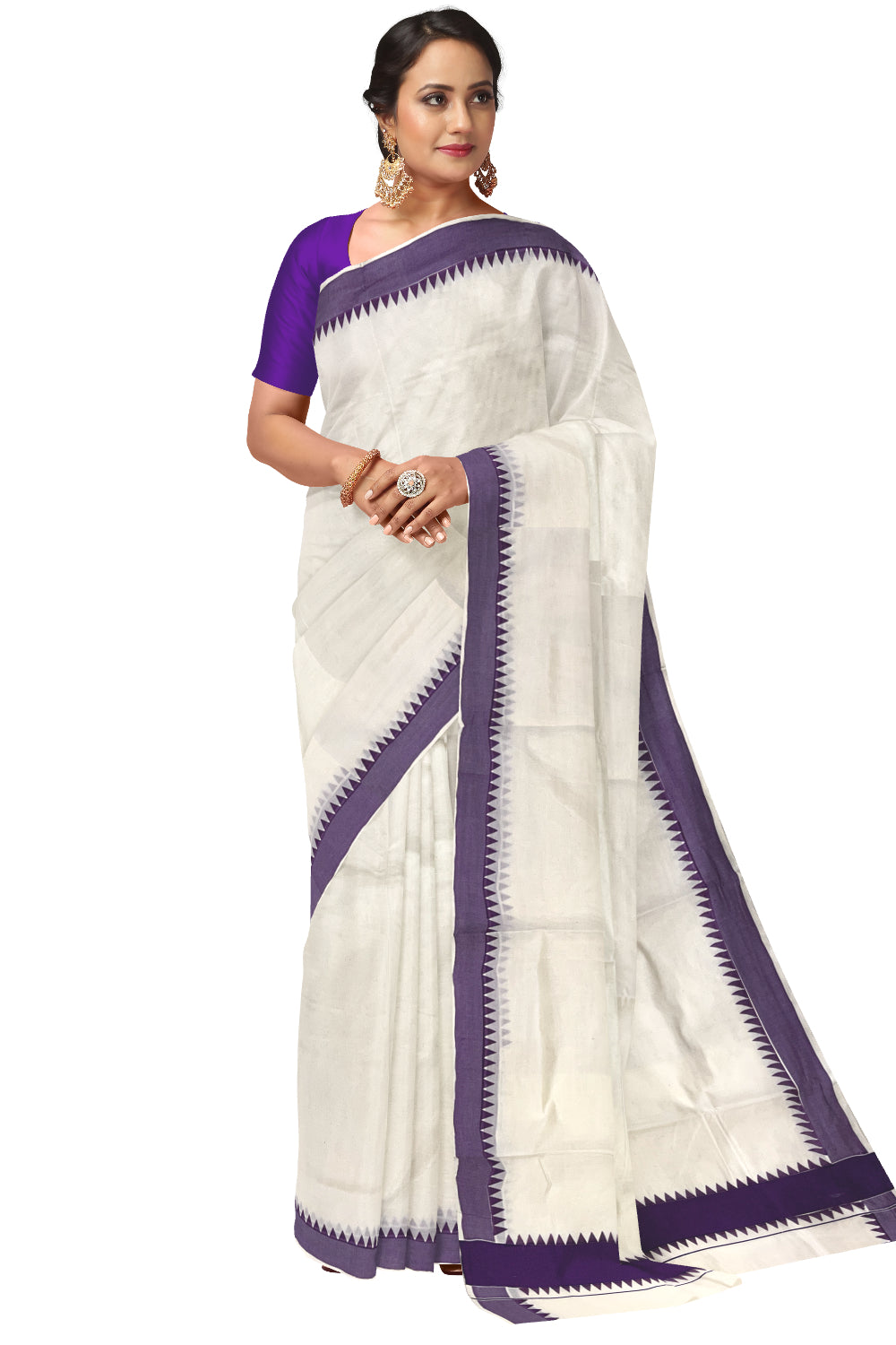 Kerala Pure Cotton Saree with Violet Temple Block Prints on Border