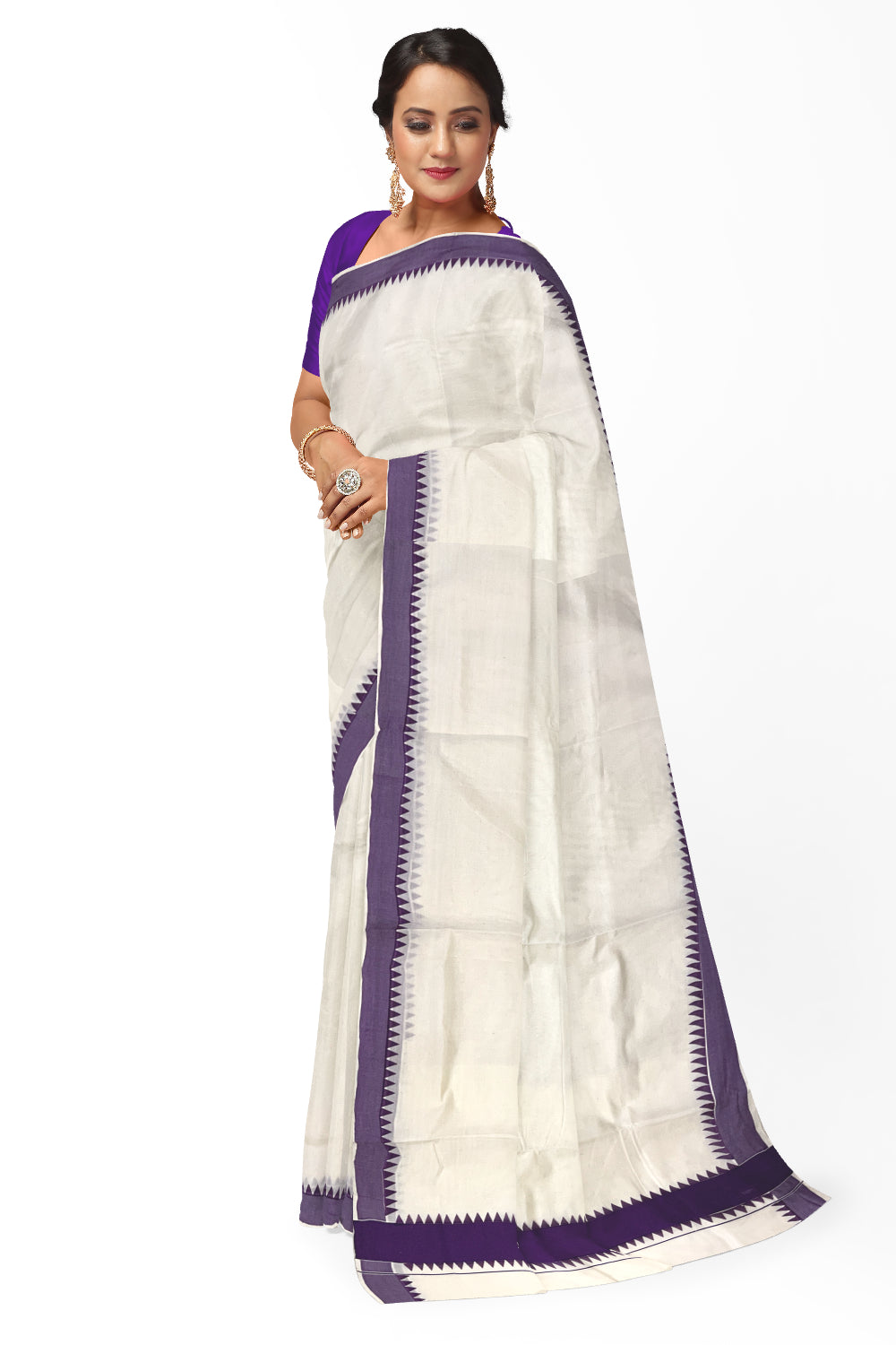 Kerala Pure Cotton Saree with Violet Temple Block Prints on Border