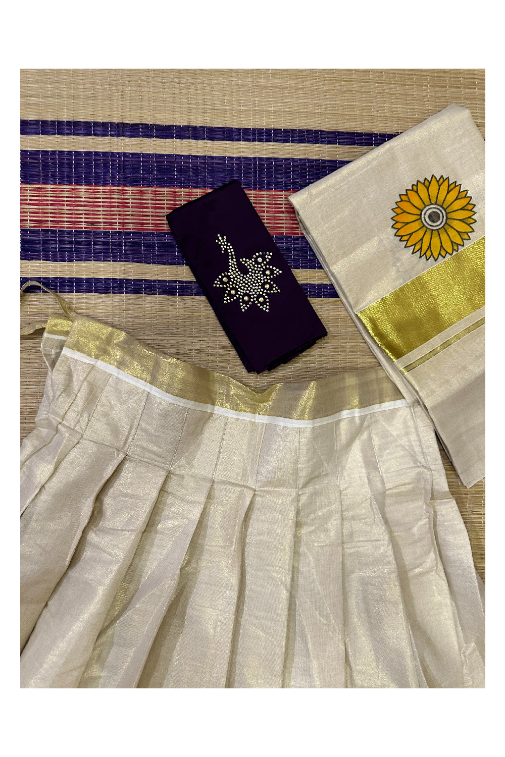 Semi Stitched Dhavani Set with Tissue Sunflower Printed Pavada and Dark Violet Bead Work Blouse Piece