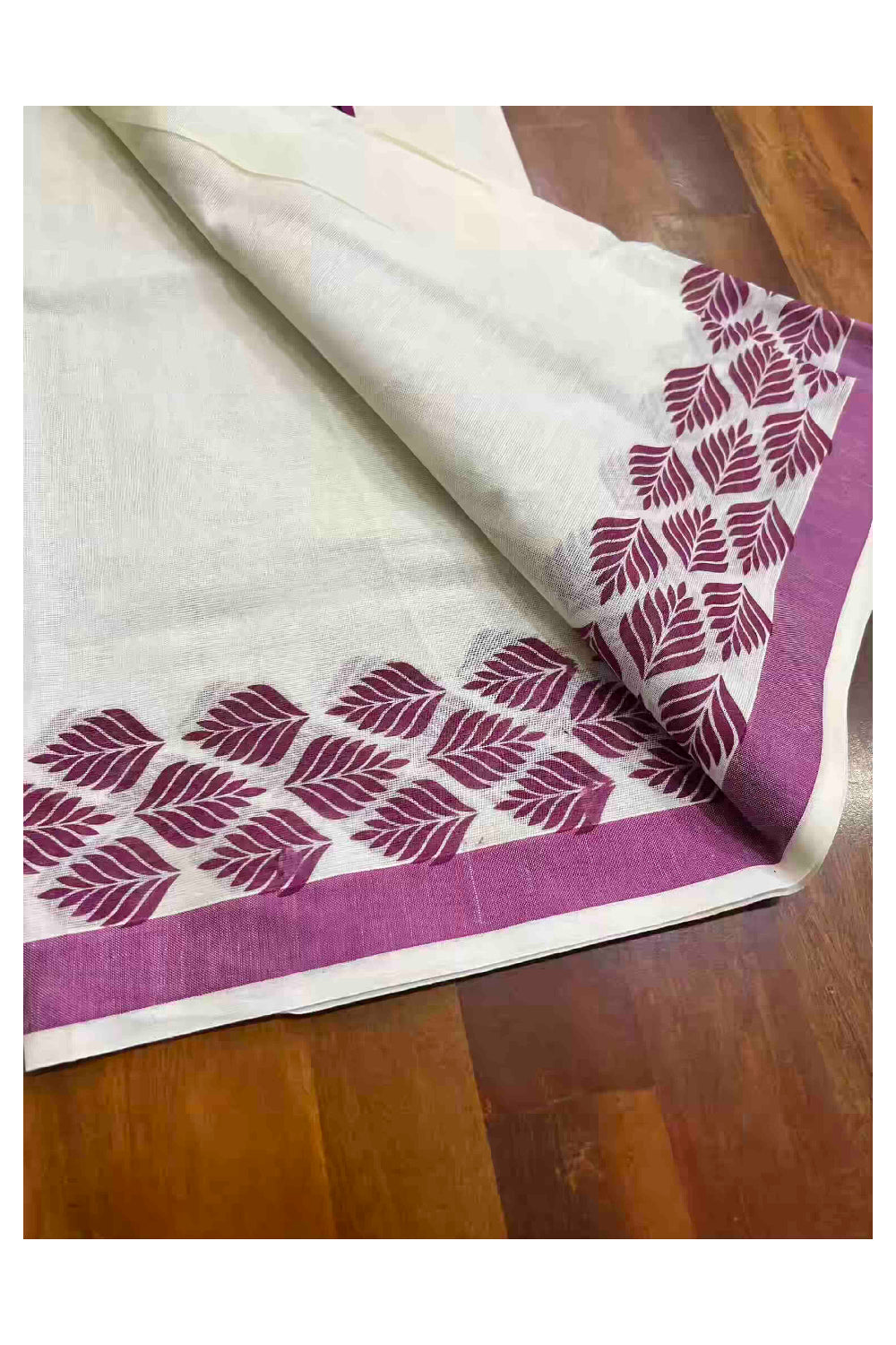 Kerala Cotton Single Set Mundu (Mundum Neriyathum) with Leaf Block Prints on Magenta and Black Border