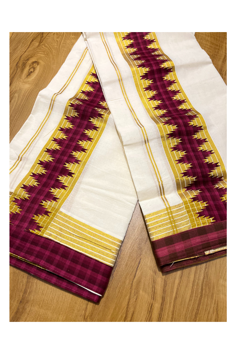 Kerala Cotton Single Set Mundu (Mundum Neriyathum) with Kasav Lines and Maroon Temple Applique Work Border 2.80Mtrs