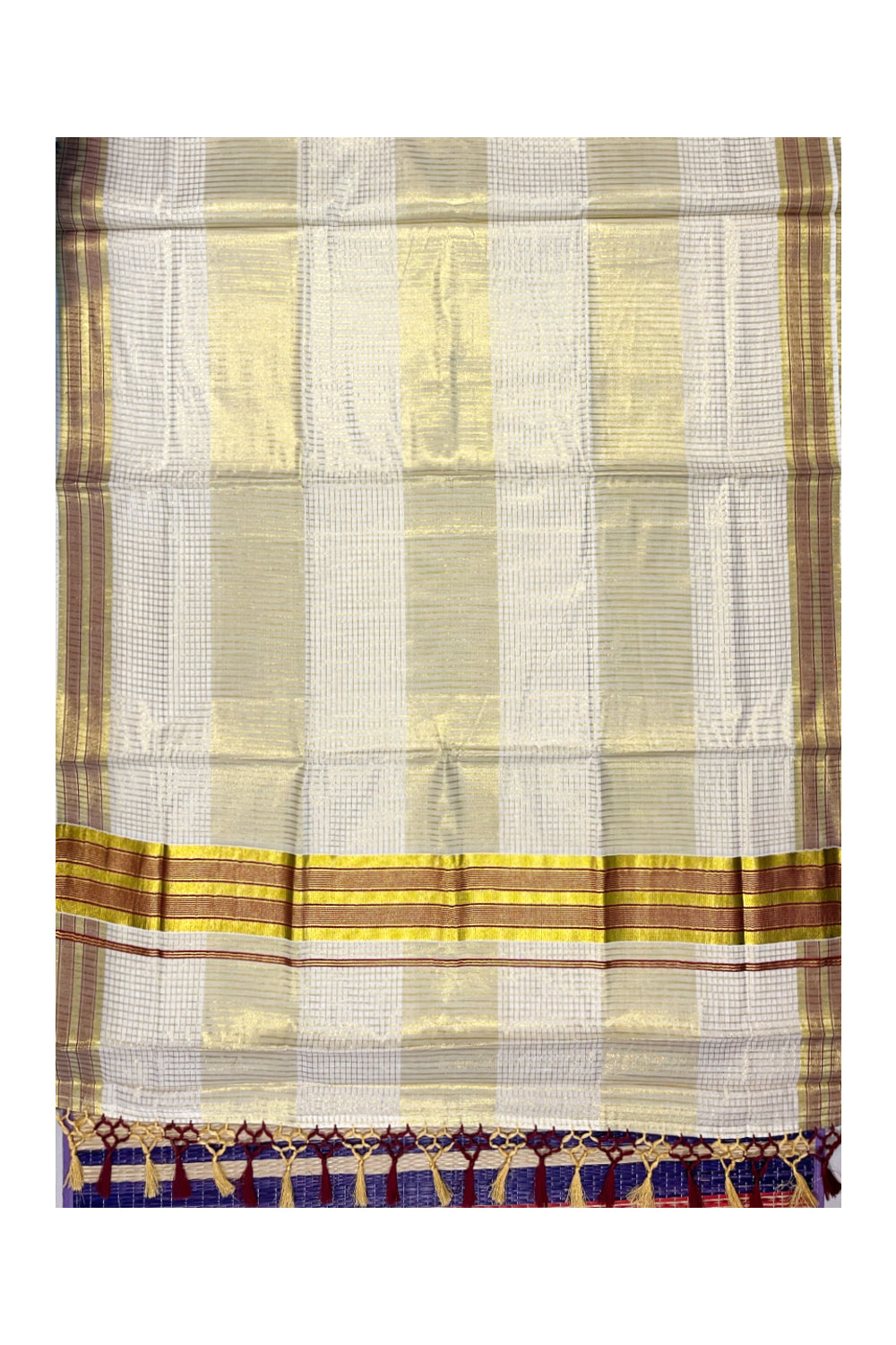 Pure Cotton Kerala Kasavu Check Saree with Maroon Border