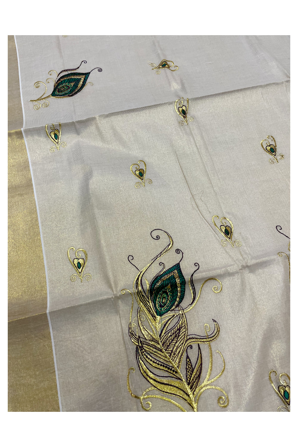 Kerala Tissue Green and Golden Feather Embroidery Work Kasavu Saree
