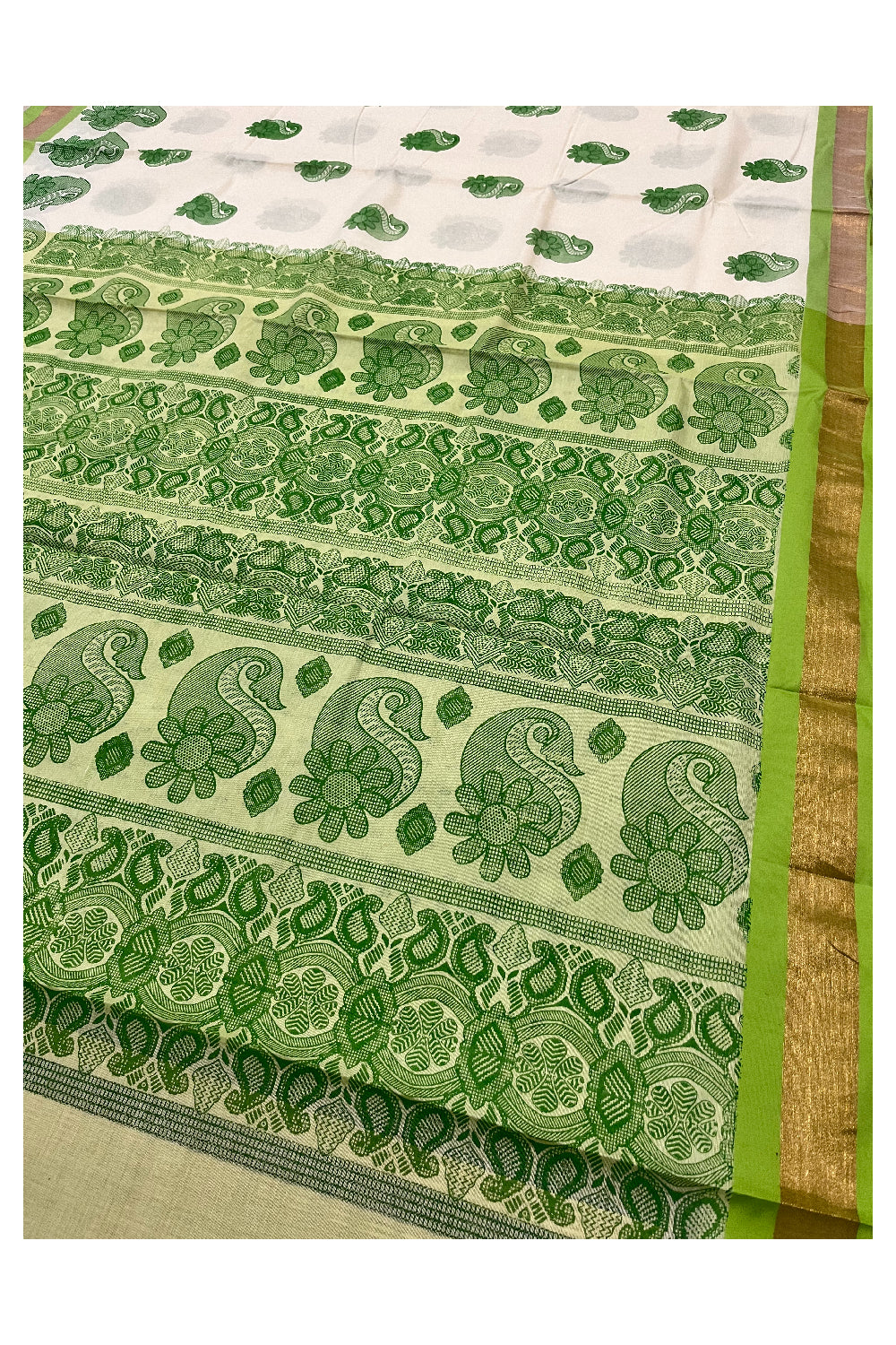 Pure Cotton Kerala Saree with Light Green Block Prints and Kasavu Border (Vishu 2024 Collection)