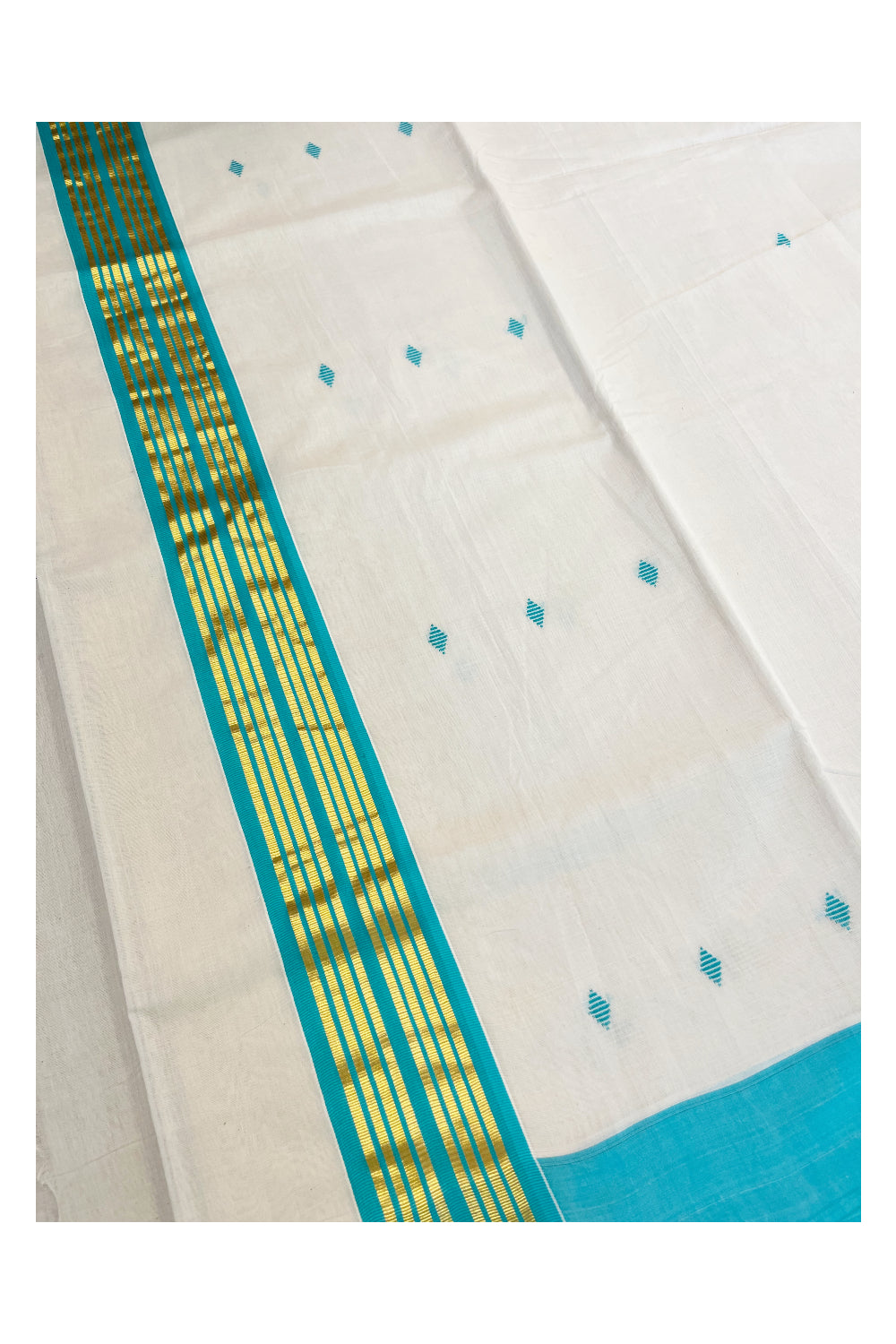 Southloom Premium Balaramapuram Unakkupaavu Handloom Cotton Butta Saree with Blue and Kasavu Border