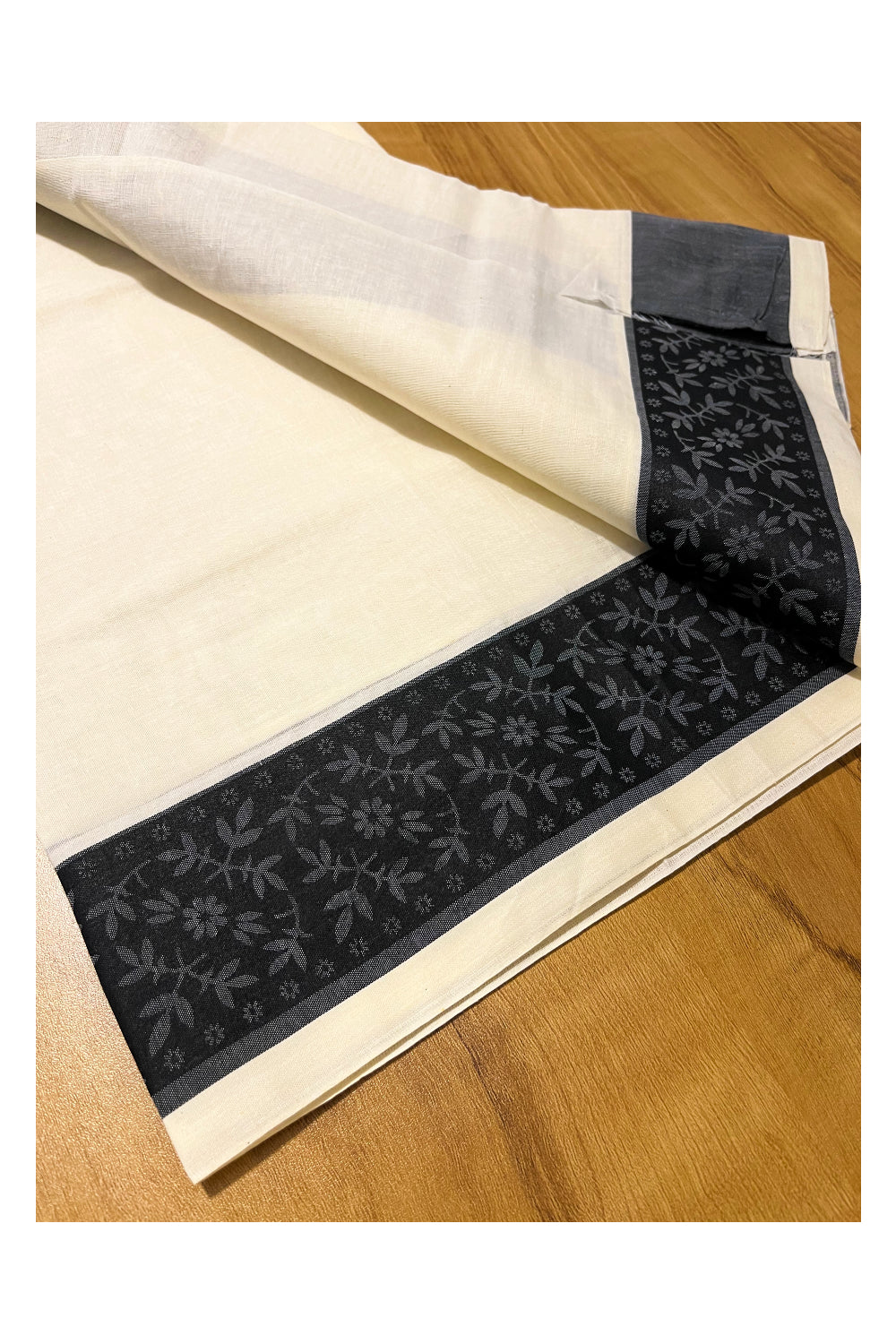 Kerala Cotton Single Set Mundu (Mundum Neriyathum) with Black Block print Border 2.80Mtrs