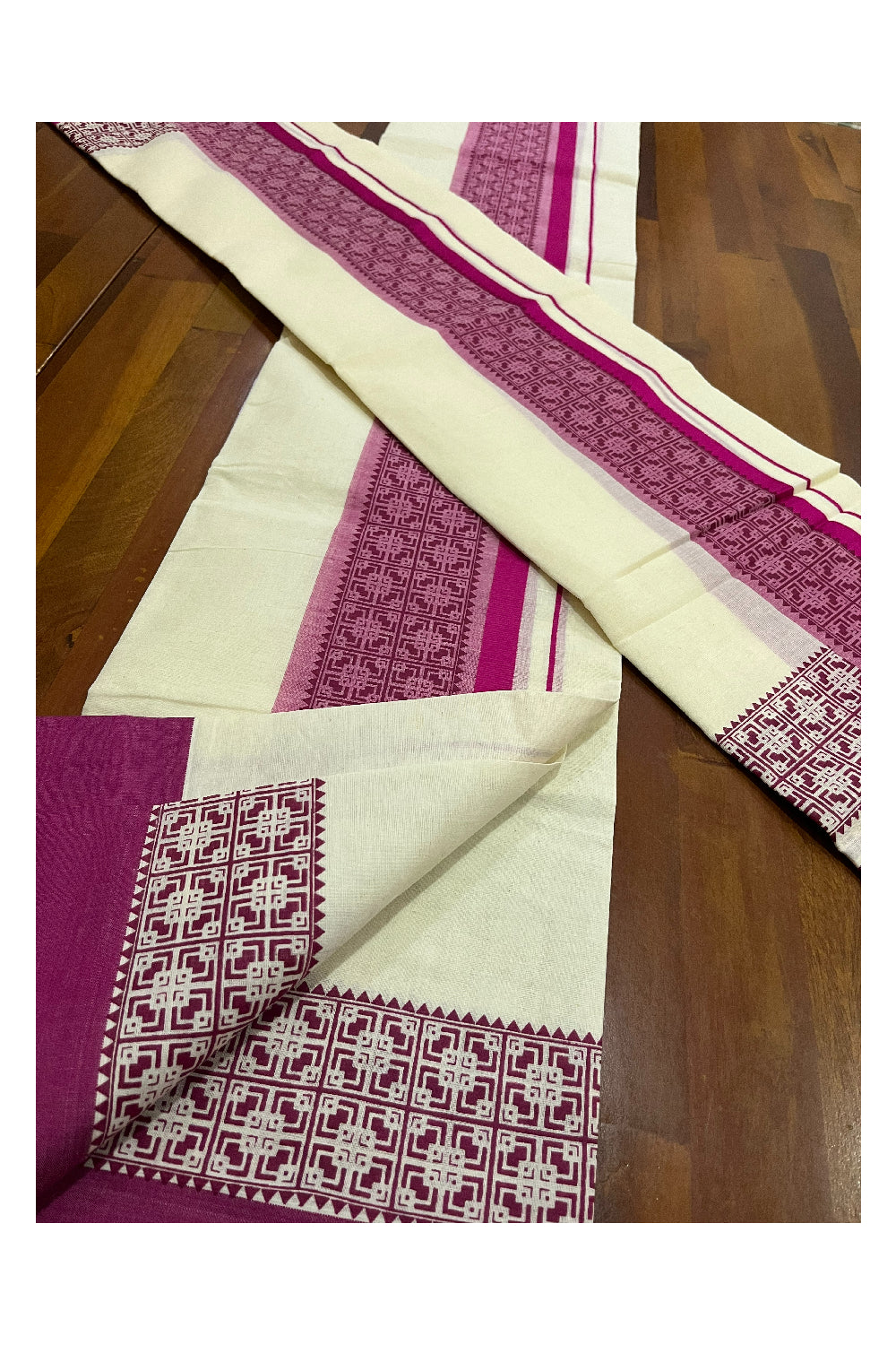 Southloom Pure Cotton Kerala Single Set Mundu with Magenta Block Prints (Onam Set Mundu 2023)