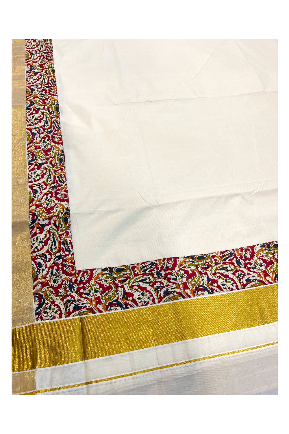 Kerala Pure Cotton Kasavu Saree with Ajrakh Stitched Borders and Matching Blouse Piece