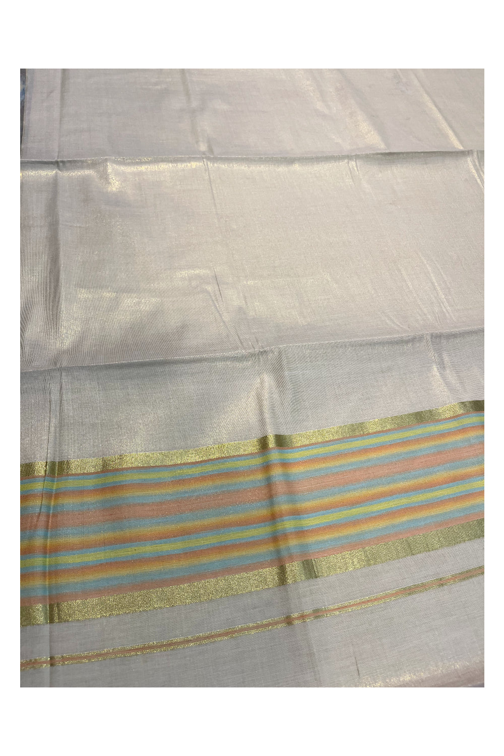 Southloom Kerala Tissue Kasavu Saree with Multi Colour Pochampally Design on Borders and Kara