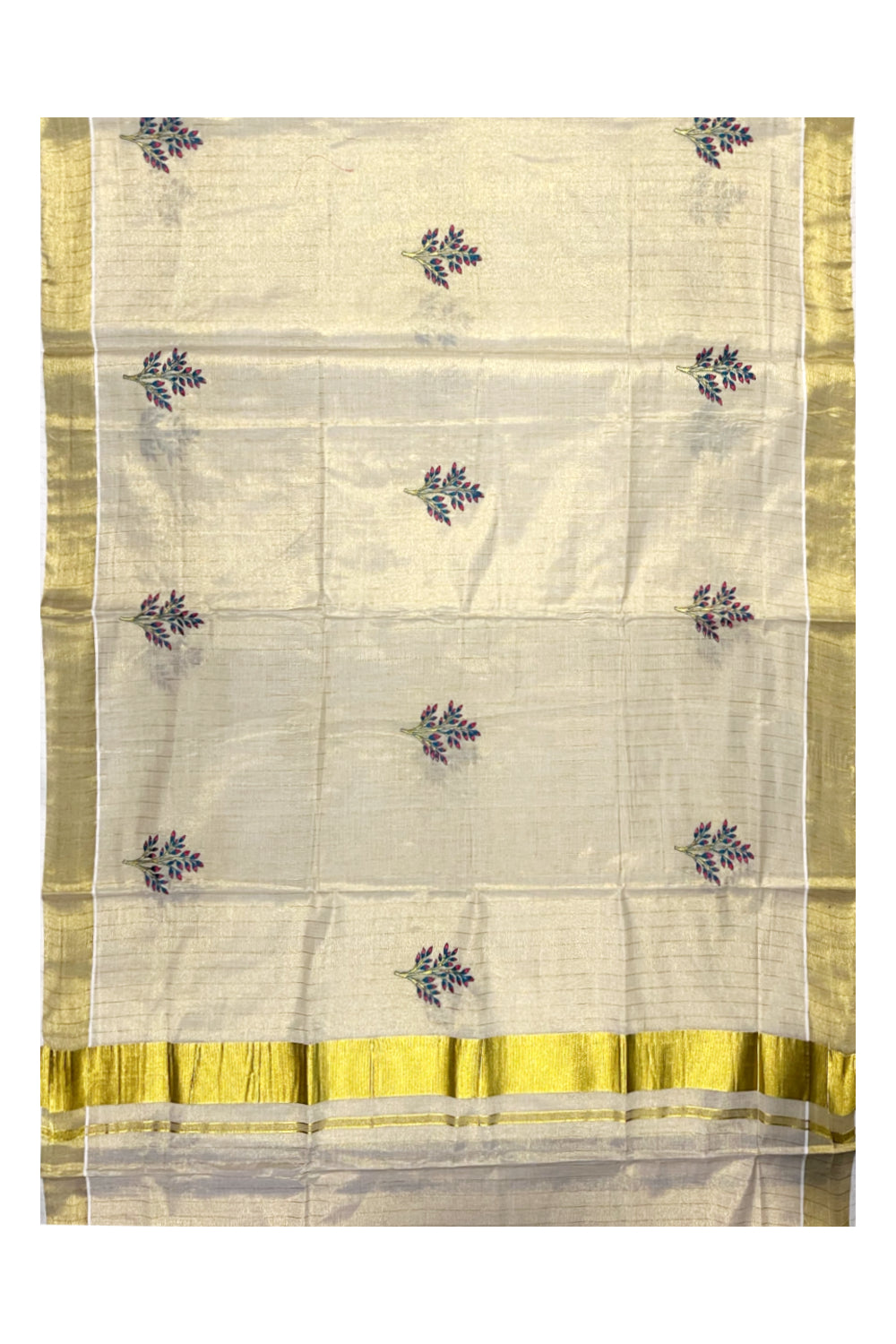 Kerala Tissue Kasavu Lines Saree with Pink and Blue Floral Embroidery Works