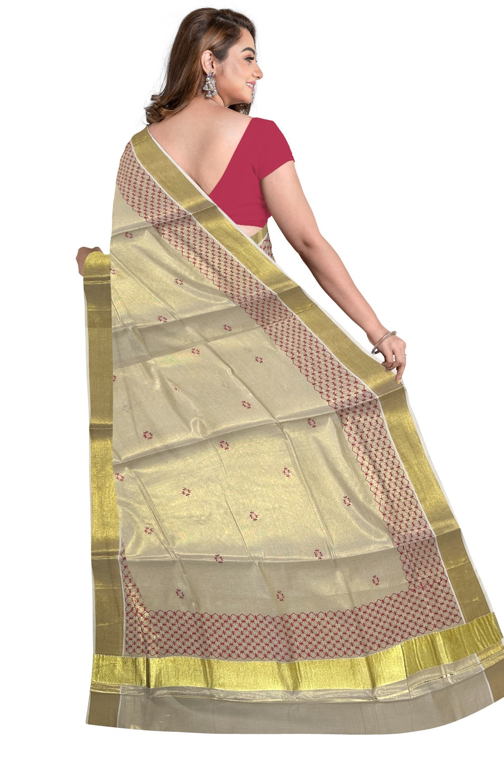 Kerala Tissue Kasavu Sequins Heavy Work Saree with Red Thread Work Design