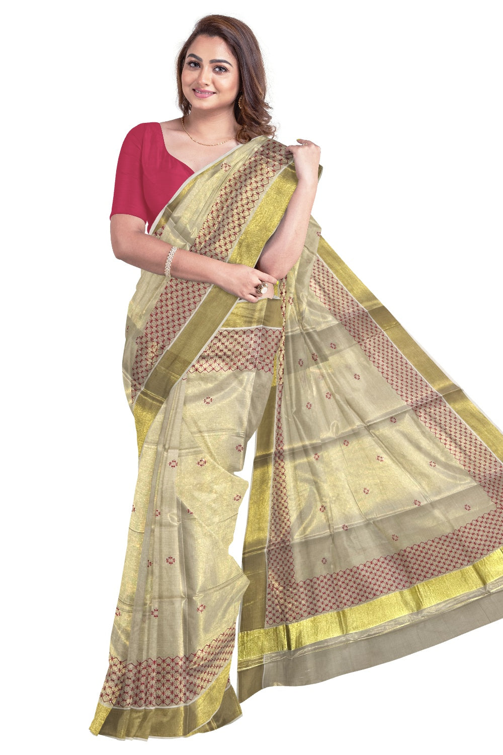 Kerala Tissue Kasavu Sequins Heavy Work Saree with Red Thread Work Design