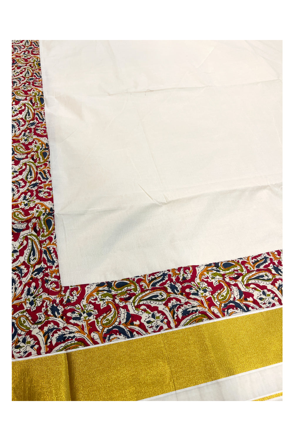 Kerala Pure Cotton Kasavu Saree with Ajrakh Stitched Borders and Matching Blouse Piece