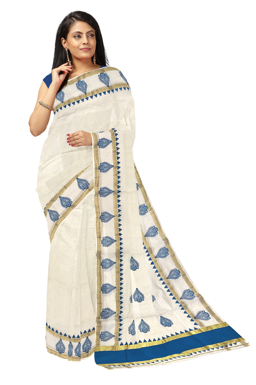 Pure Cotton Kerala Saree with Blue Block Printed Kasavu Border