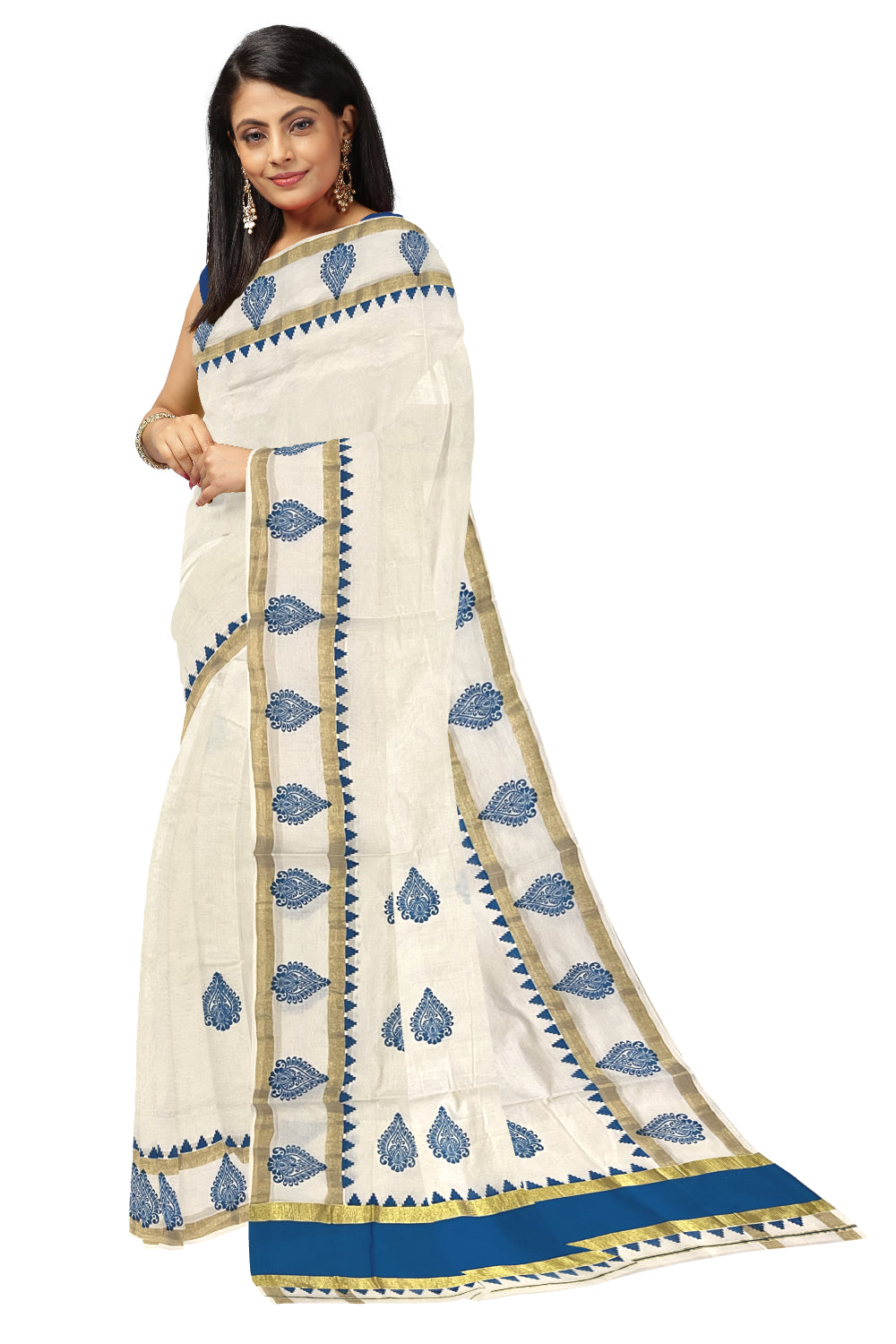 Pure Cotton Kerala Saree with Blue Block Printed Kasavu Border