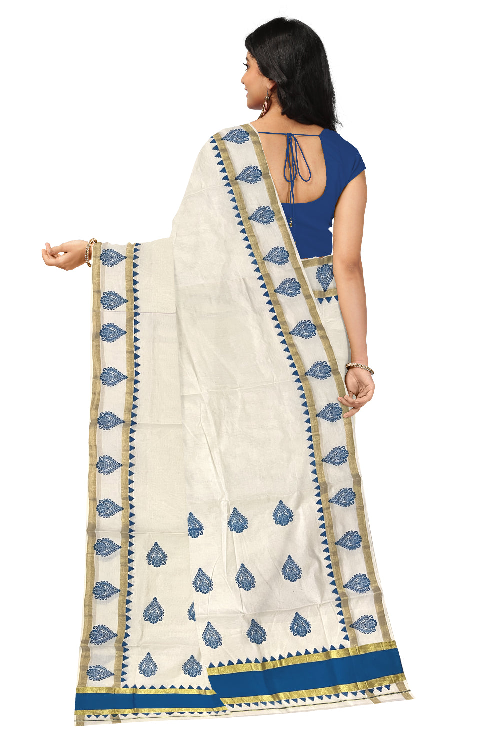 Pure Cotton Kerala Saree with Blue Block Printed Kasavu Border