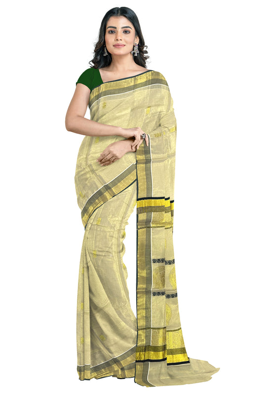 Kerala Tissue Green and Kasavu Heavy Woven Designs Saree (Onam Saree 2023)