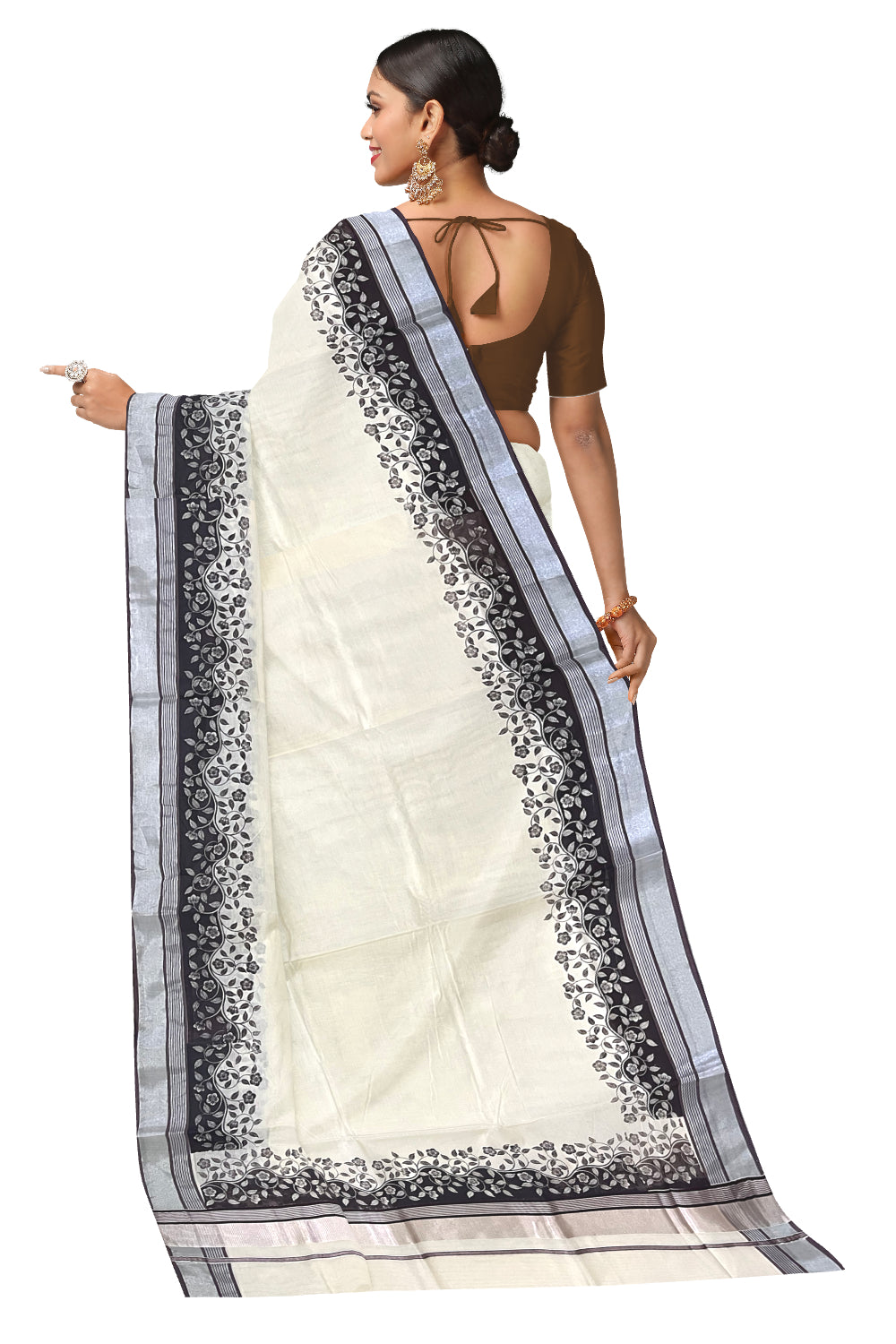 Kerala Cotton Saree with Brown Floral Block Prints and Silver Kasavu Border