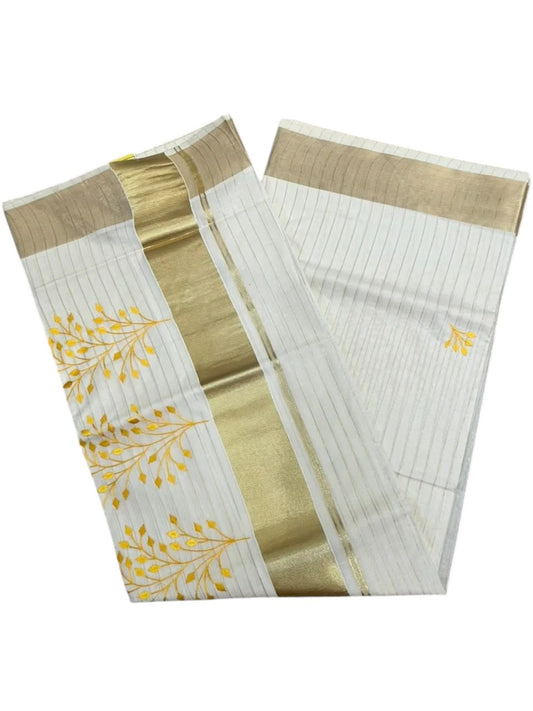 Kerala Southloom Cotton Lines Saree With Yellow Embroidery Design & Kasavu Border SL135