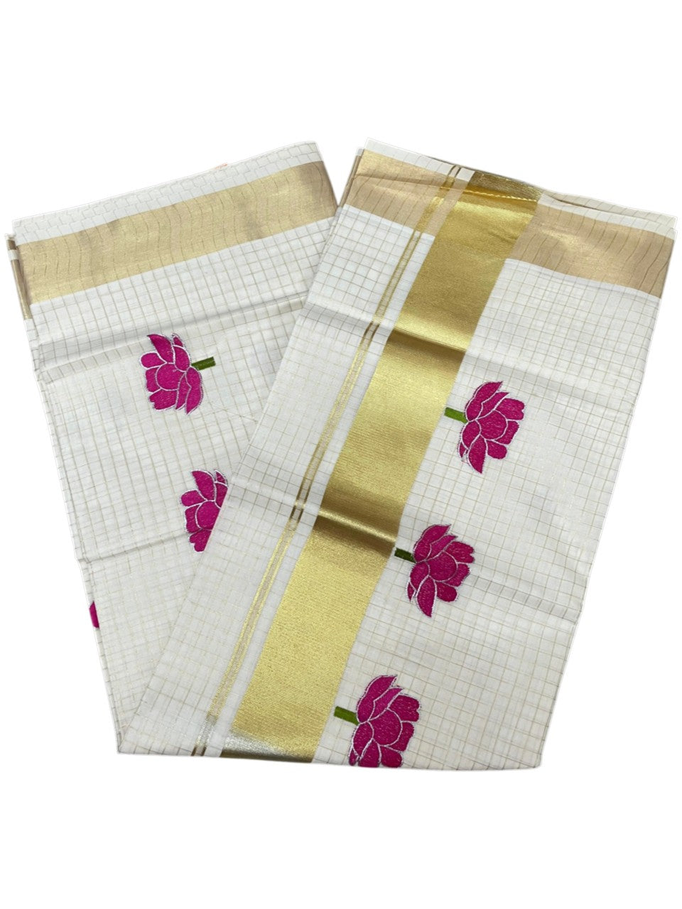 Southloom Kerala Cotton Check Kasavu Saree with Pink Lotus Embroidery Design