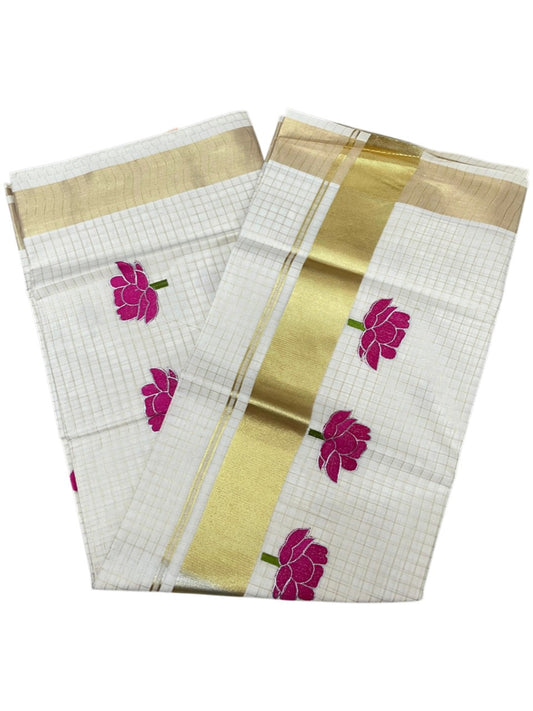 Southloom Kerala Cotton Check Kasavu Saree with Pink Lotus Embroidery Design