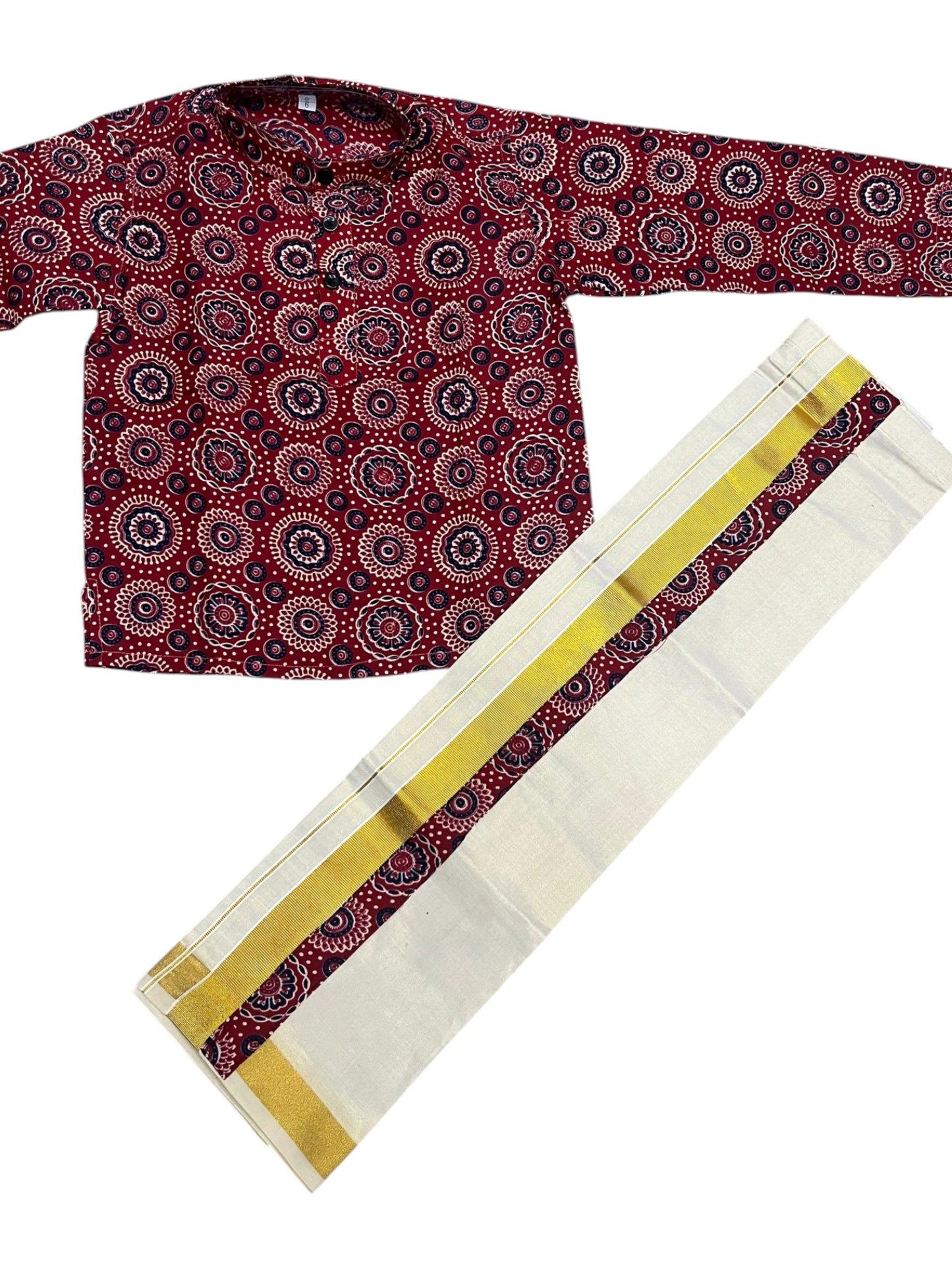 Southloom Tissue Ajrakh Printed Kids's Combo (Shirt + Velcro Mundu) SLKCOMBO