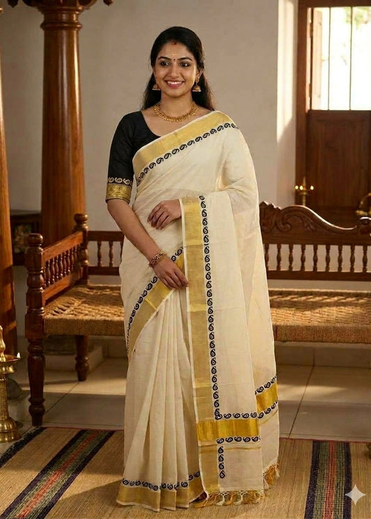 Southloom Kerala Kasavu Cotton Saree With Broad Golden Zari & Black