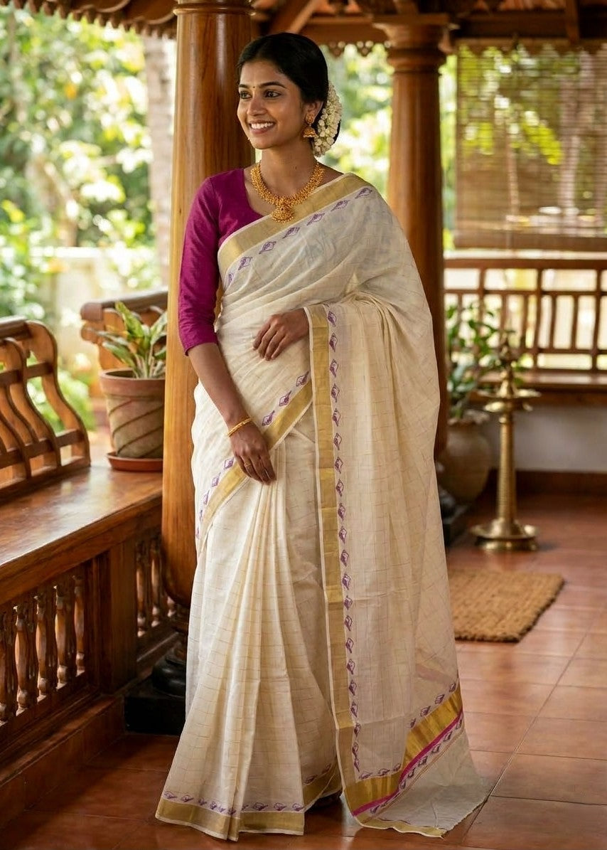 Southloom Kerala Kasavu Saree With Pink Boder And Pink Prints