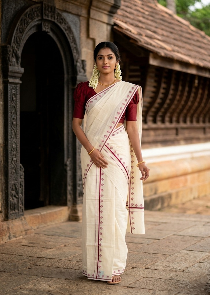 Southloom Pure Cotton Kerala Single Set Mundu (Mundum Neriyathum) with Digital Prints in Maroon 2.80 Mtrs SL359