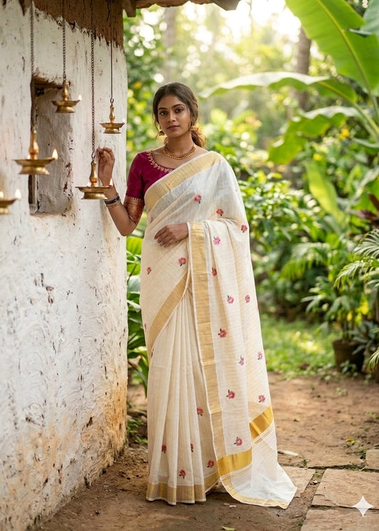 Kerala Cotton Lines Saree With Pink Floral Embroidery SLfloral